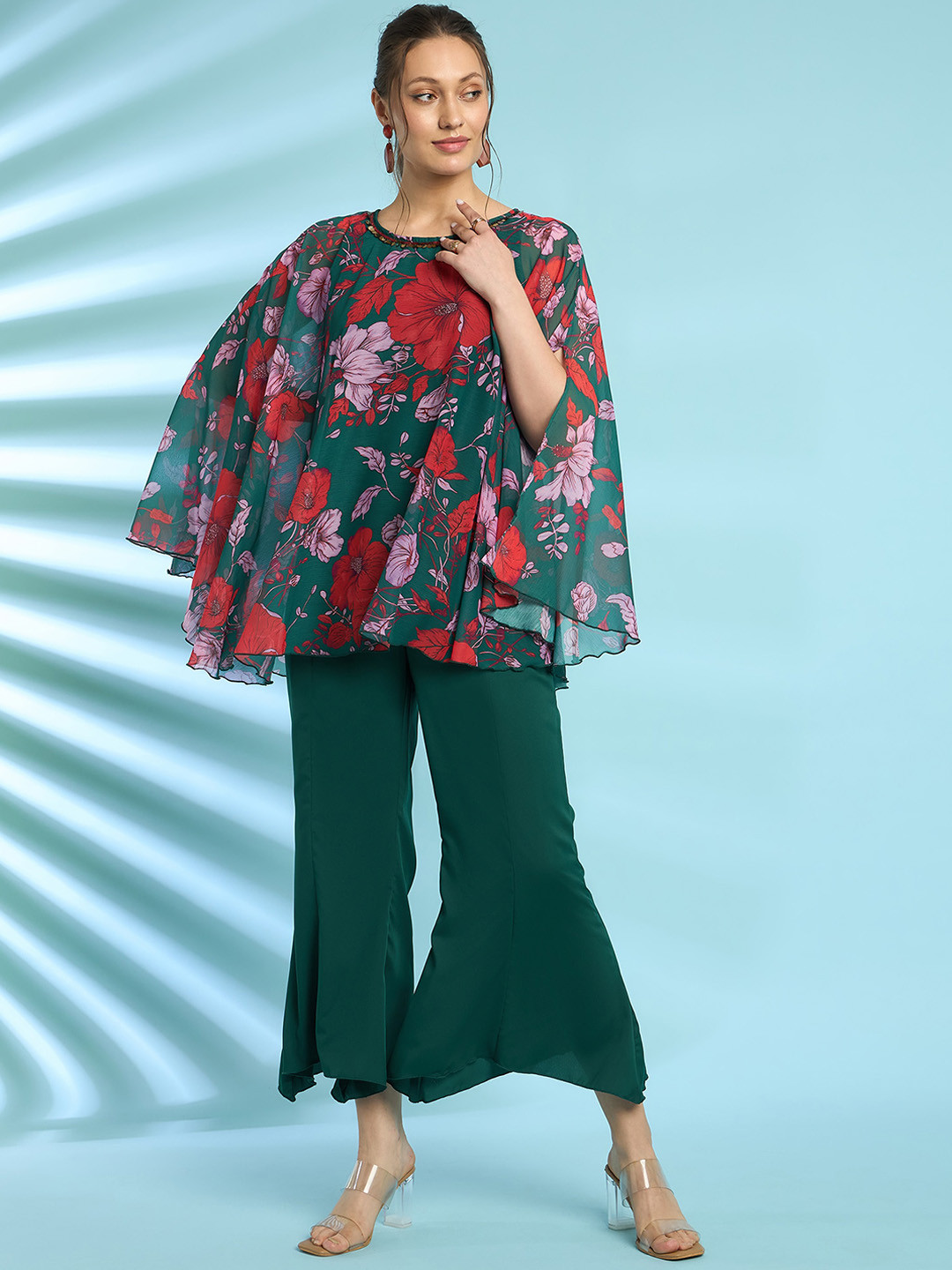 Antheaa Green Floral Printed Flared Sleeves Top With Trouser