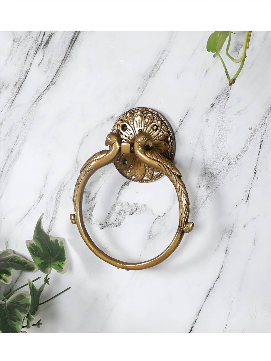 Two Moustaches Brown Twin Peacock Designed Brass Towel Hanger