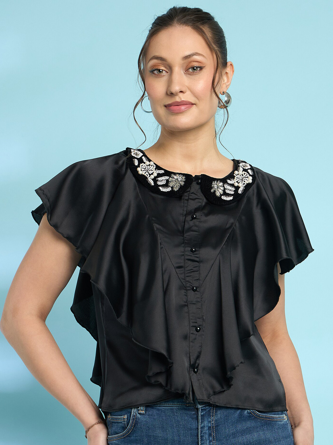 Antheaa Embellished collar Flutter Sleeve Shirt Style Top