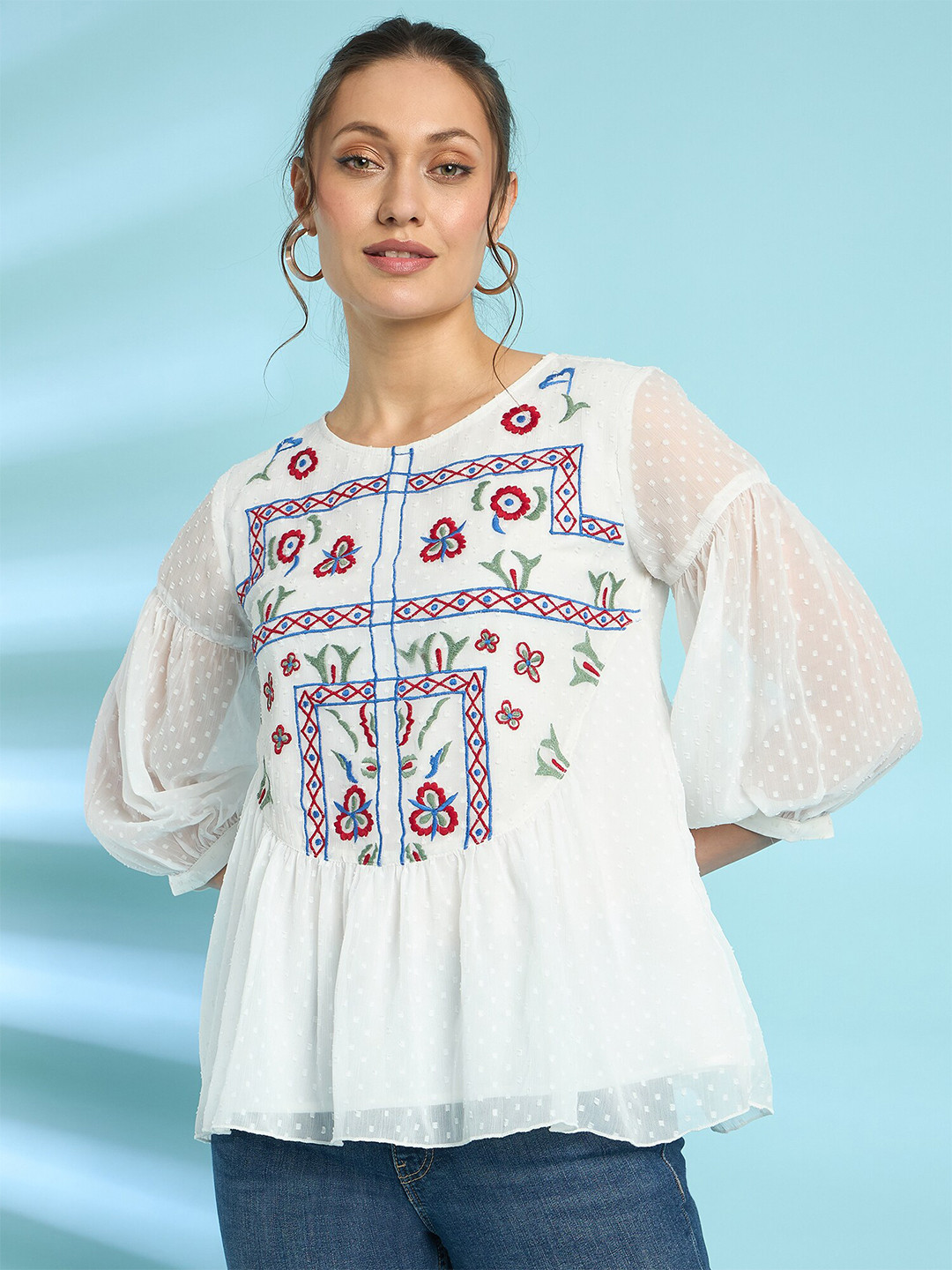 Antheaa Embroidered Dobby Weave Chiffon Top