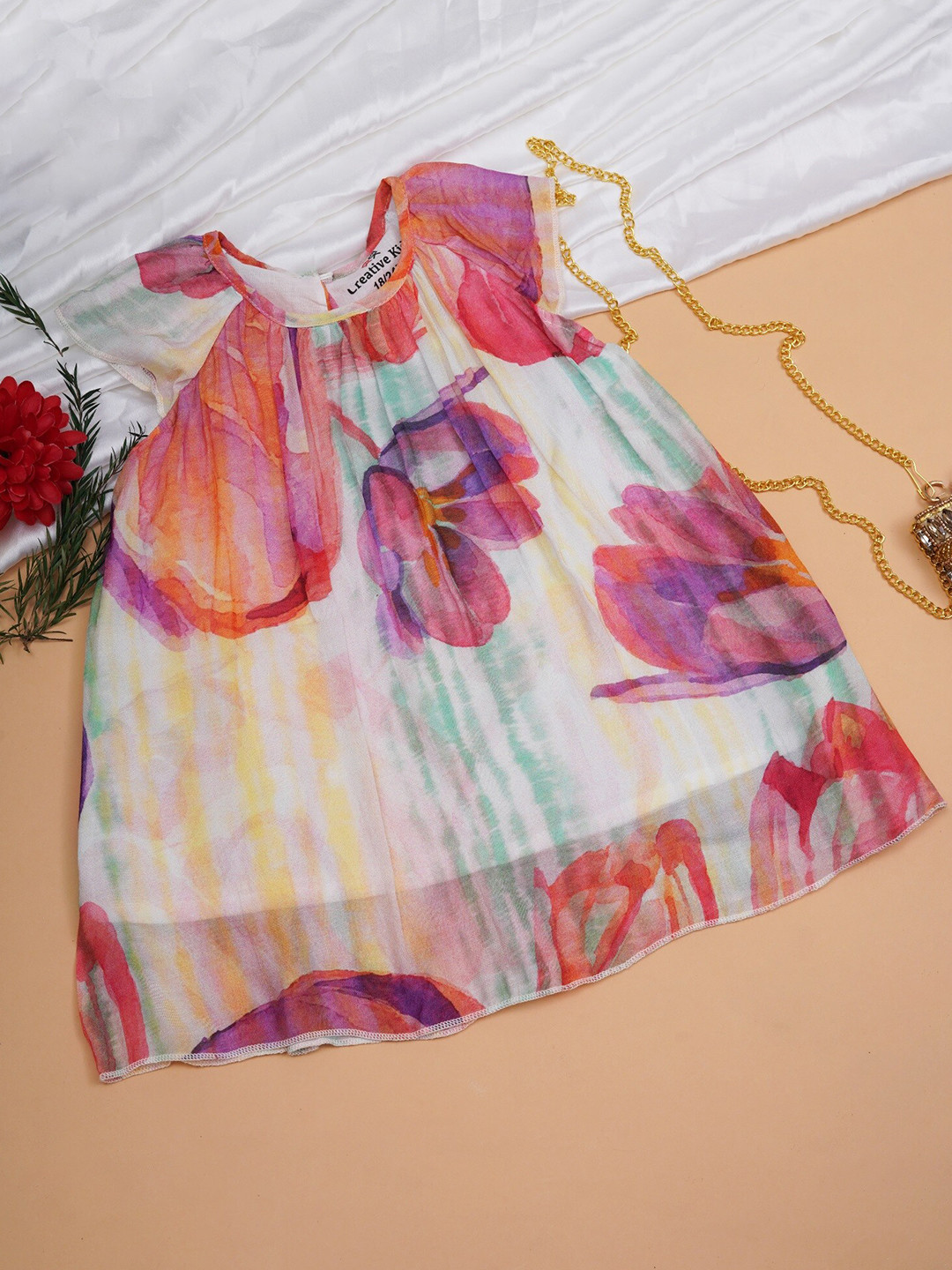Creative Kids Girls Floral Printed Round Neck Cap Sleeves Cotton A-Line Dress