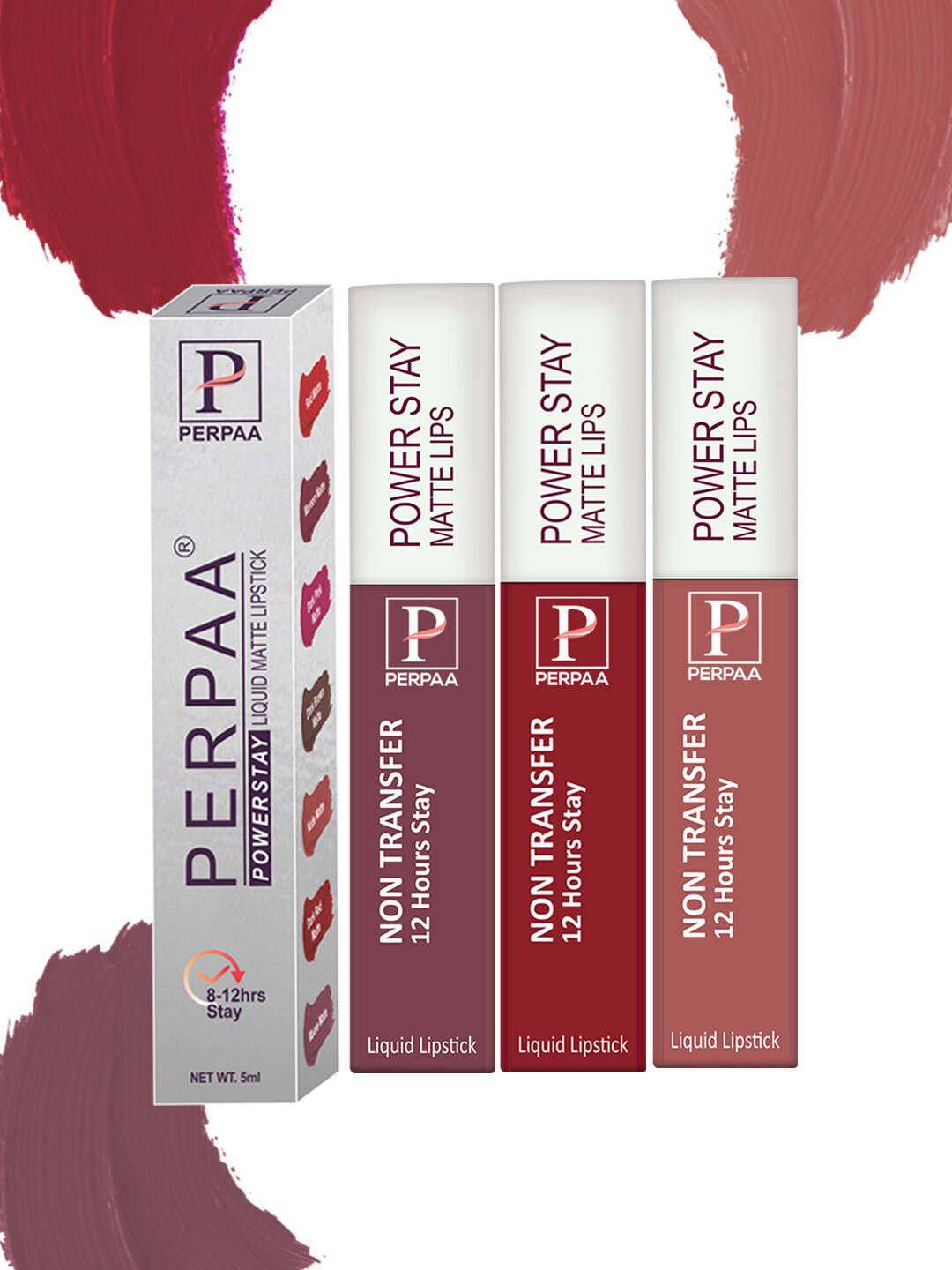 PERPAA Power Stay Set Of 3 Liquid Matte Lipstick - 5ml Each -Mauve-Nude-Apple Red