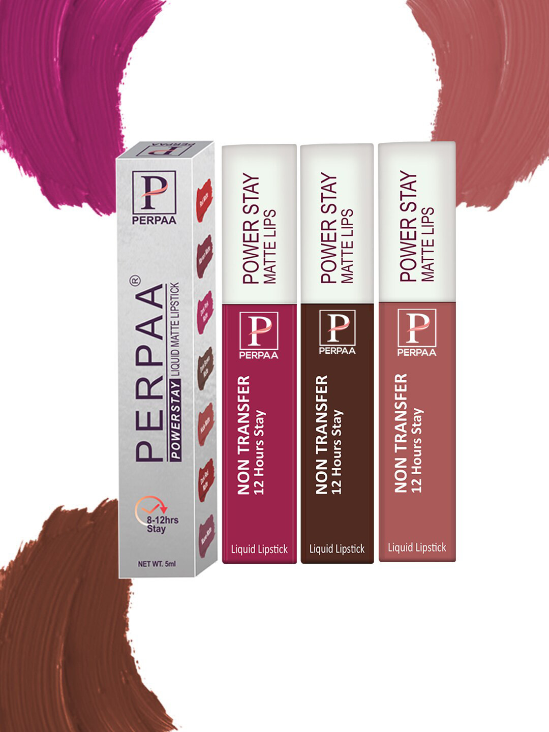 PERPAA Power Stay Set Of 3 Liquid Matte Lipstick - 5ml Each - Dark Pink-Brown-Nude
