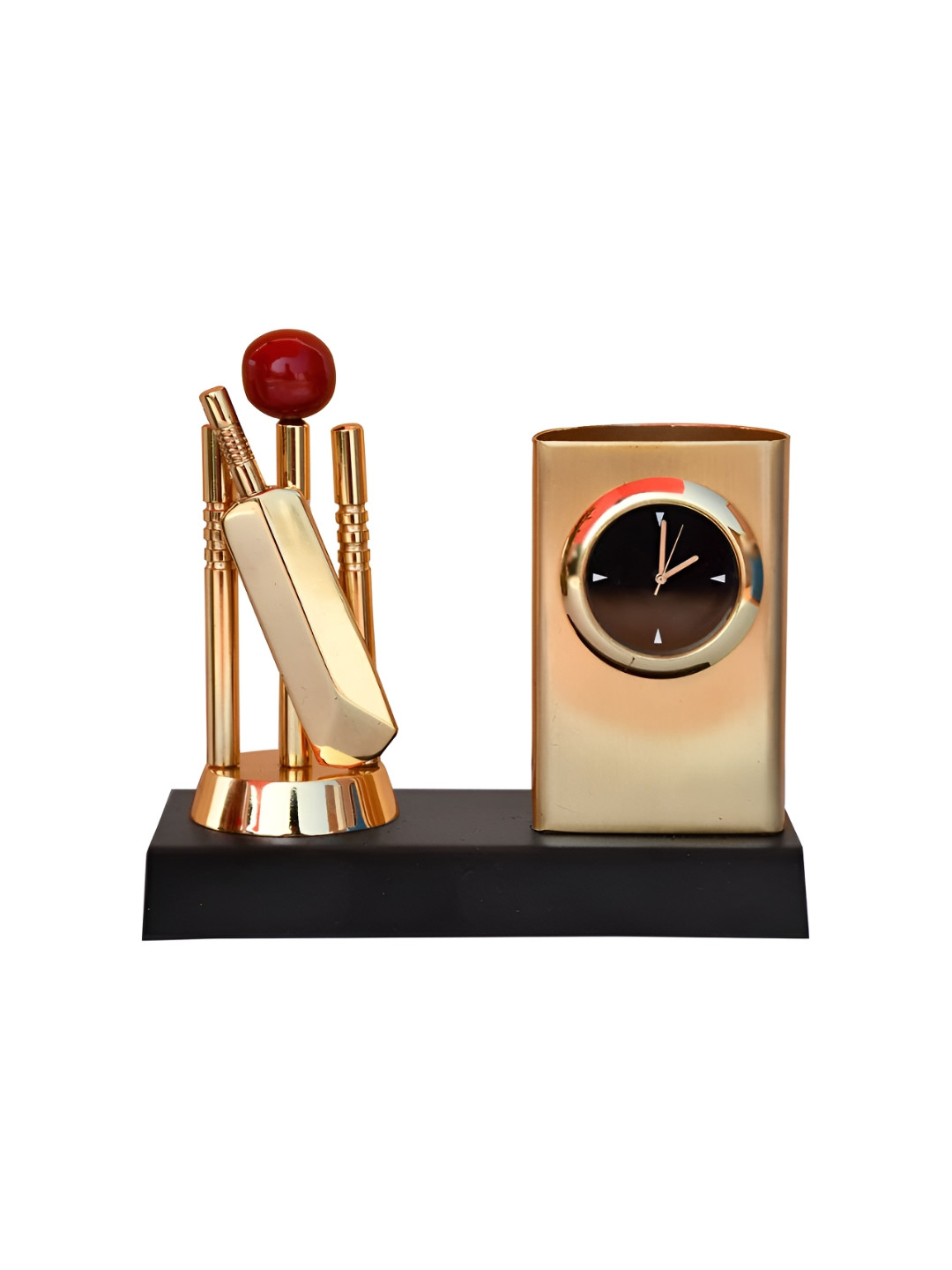 Saugat Traders Cricket with Pen Stand and Clock Beige Metal Metallic Living Room Medium Showpiece - 4.3 Inches