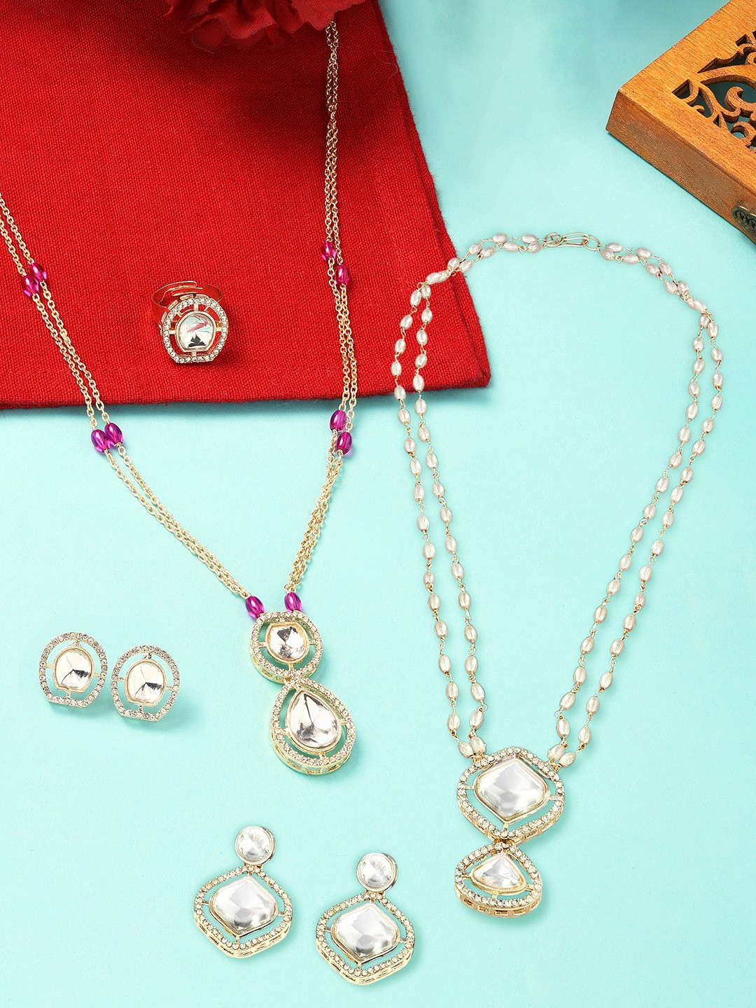 Zaveri Pearls Set of 2 Gold-Plated Stone Studded & Beaded Jewellery Sets