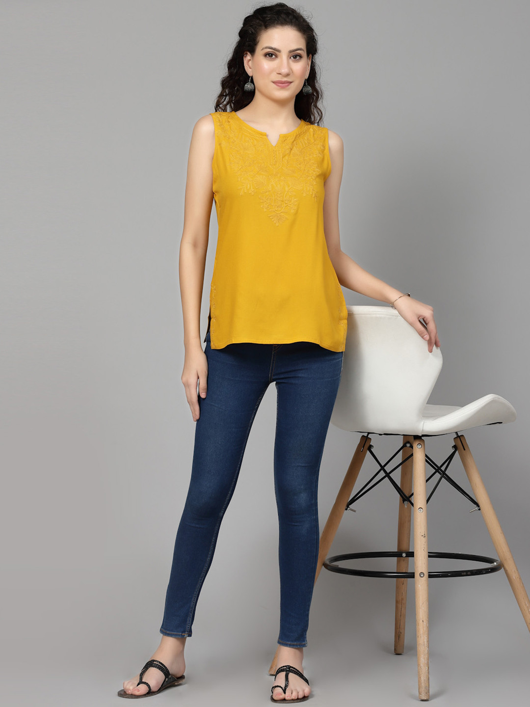 QAZMI Aari Work Sleeveless Kurti