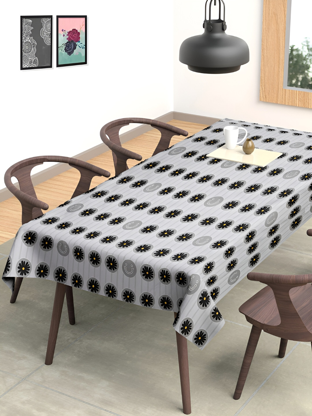 Arrabi Grey Floral Printed Rectangle 6-Seater Table Cover