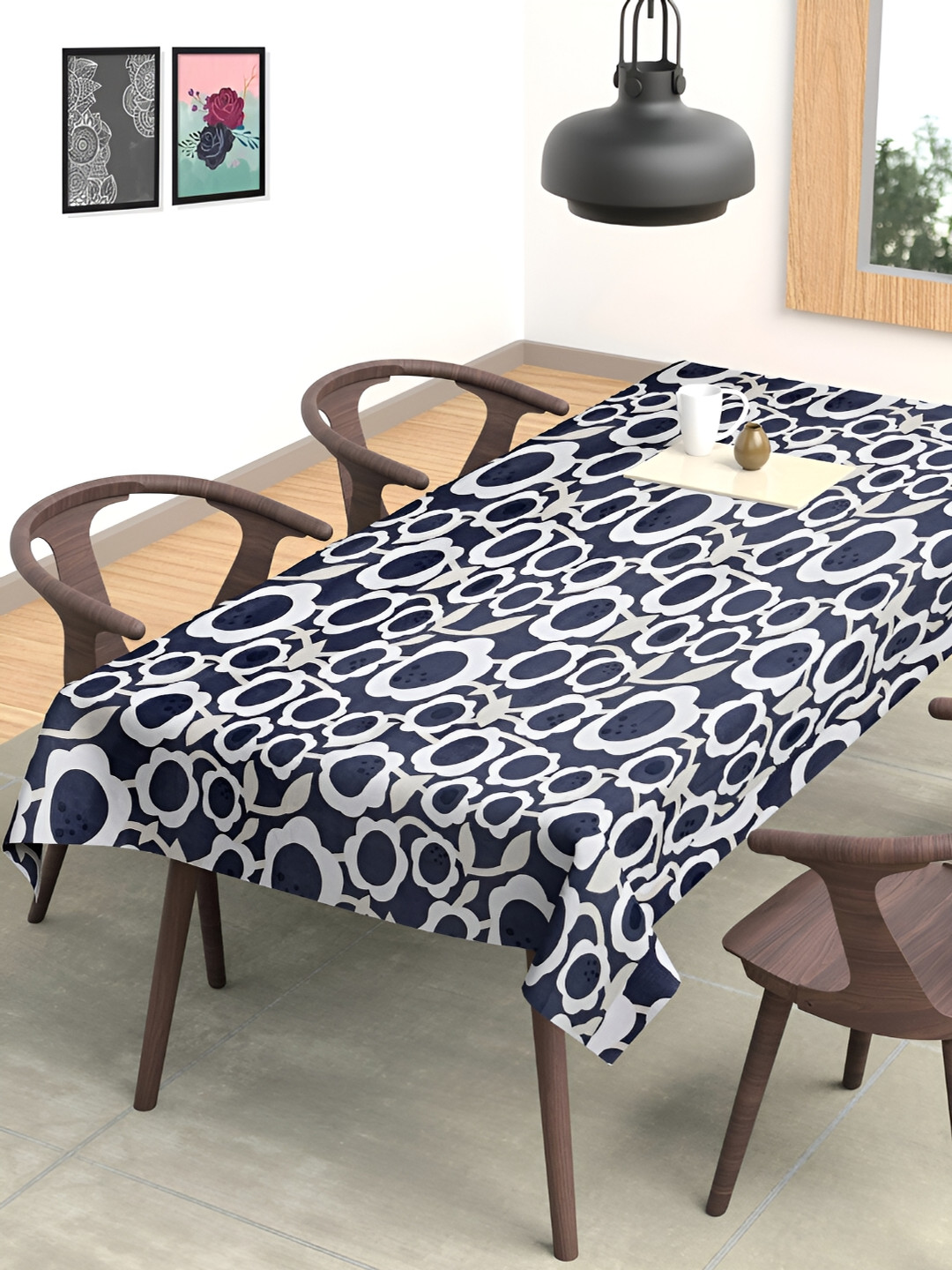 Arrabi Grey & White Floral Printed 8-Seater Table Cover