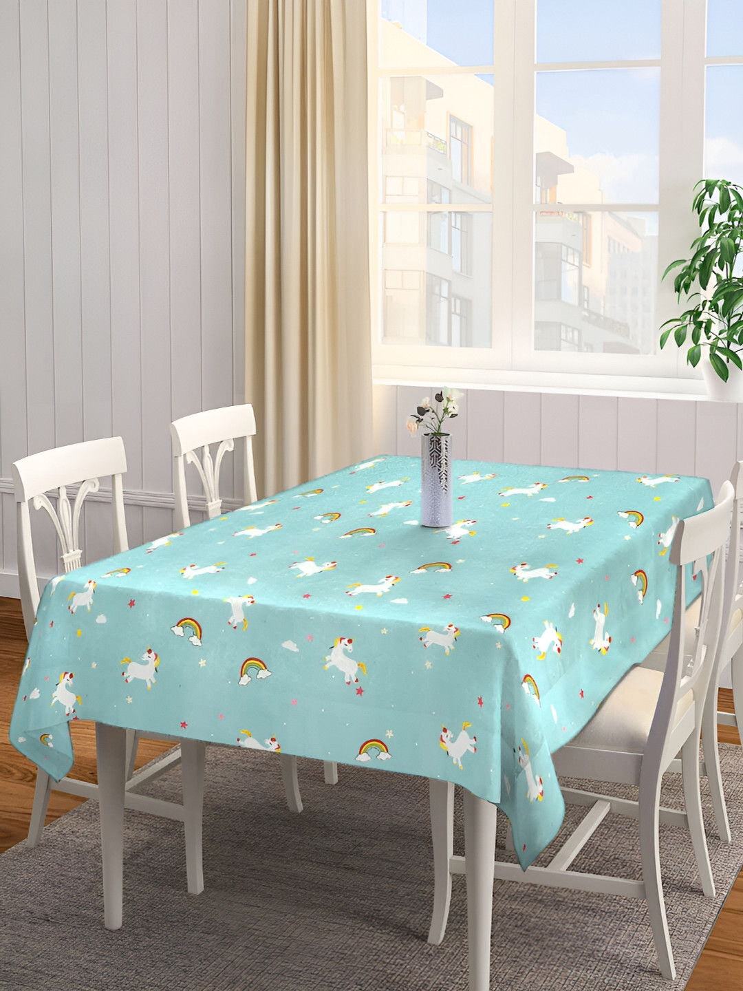 Arrabi Blue & White Cartoon Printed 8-Seater Table Cover
