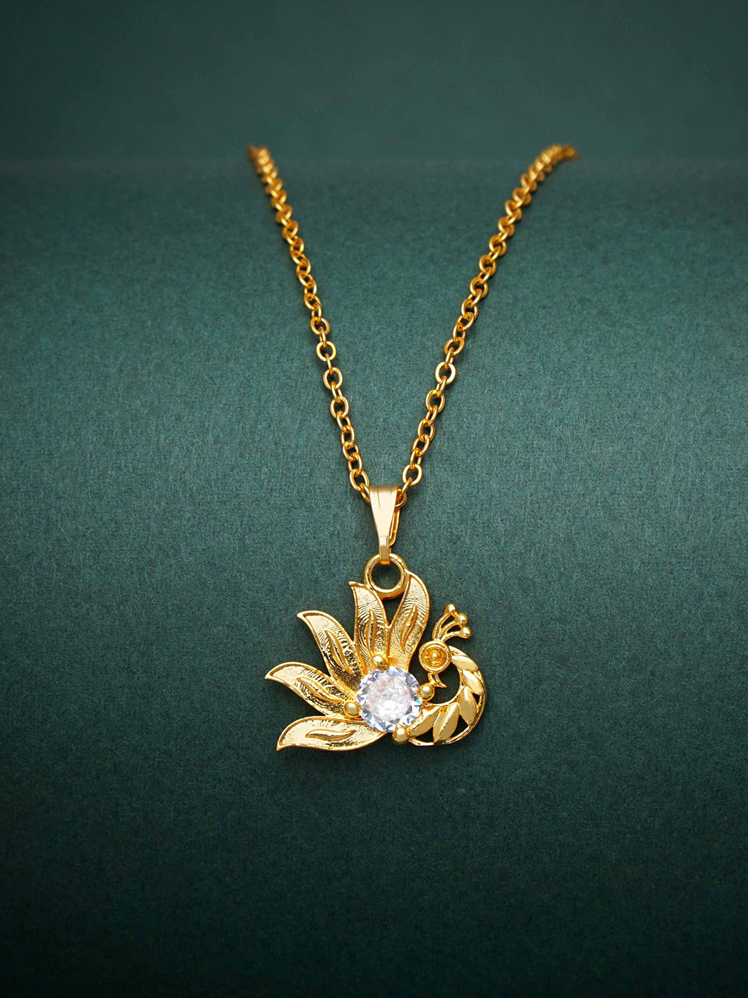 Ramdev Art Fashion Jwellery Gold-Plated Stone Studded Peacock-Charm Pendant With Chain