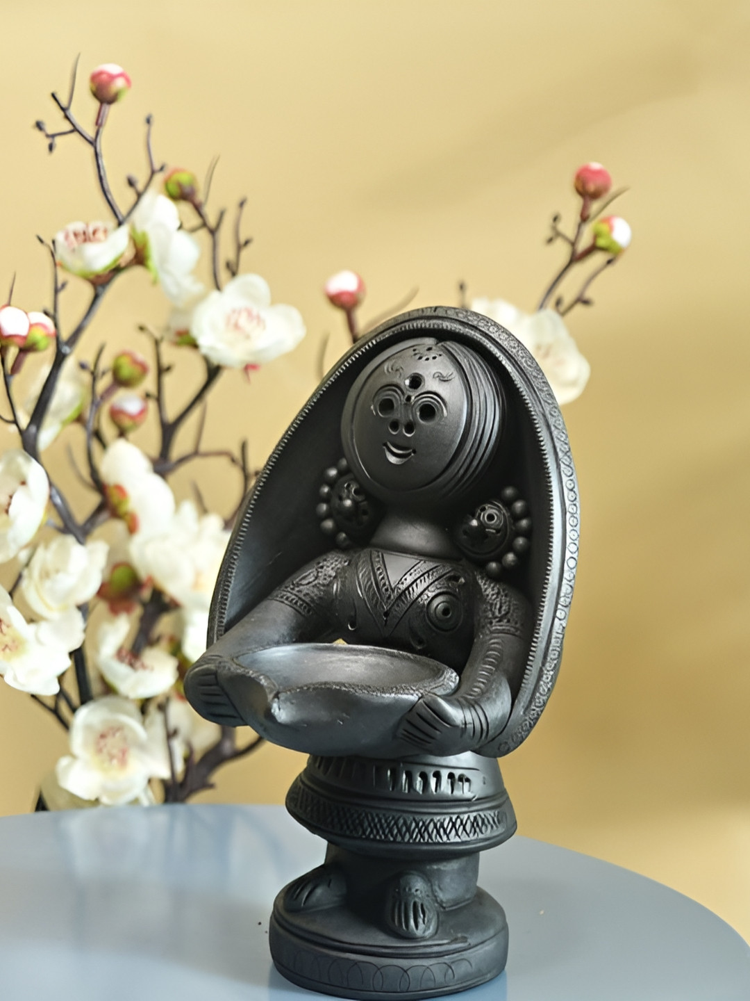 SOWPEACE Elegant Diya Holding Terracotta Lady Brown Terracotta Matte Living Room Medium Showpiece - 11 Inches