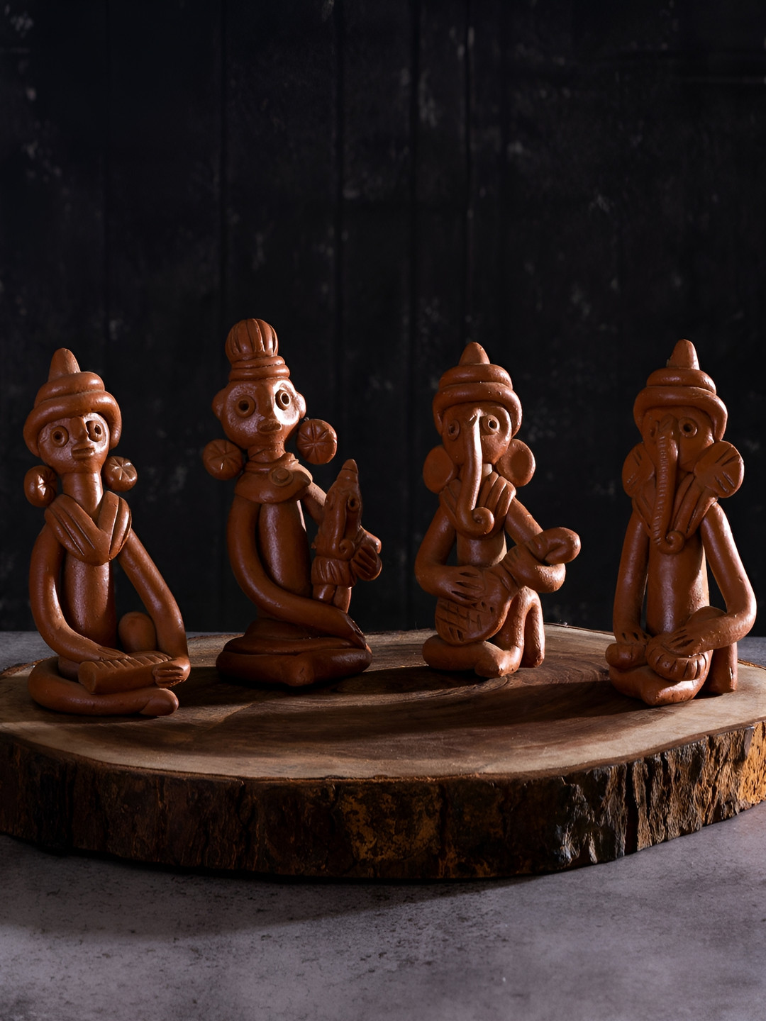 SOWPEACE The Time Of Tribals Brown Terracotta Natural Living Room Set of 4 Small Showpieces - 4.7 Inches