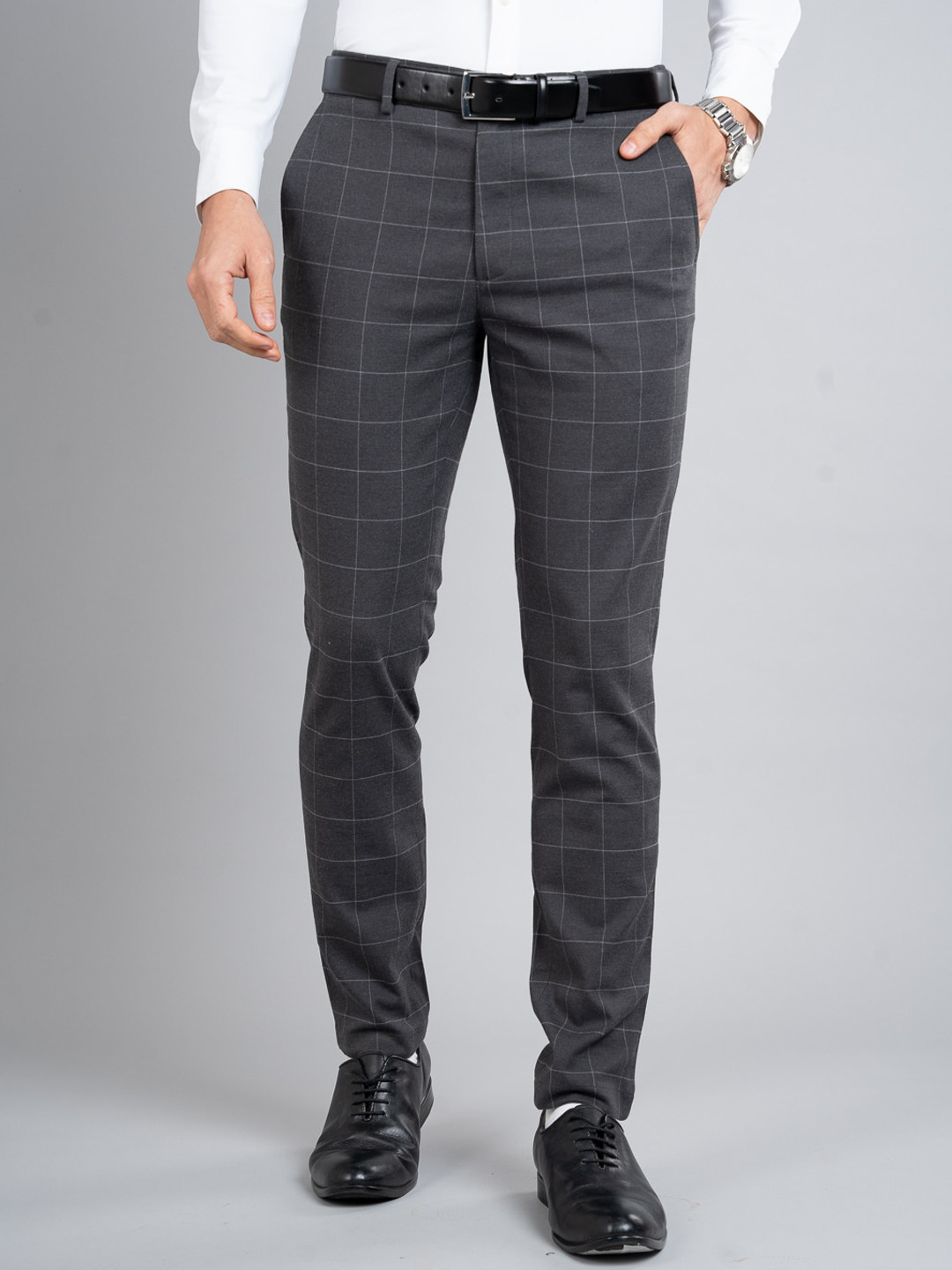 The Pant Project Men Coal Window Checks Slim Fit Wrinkle-Resistant Formal Trousers with Stretchable Waistband