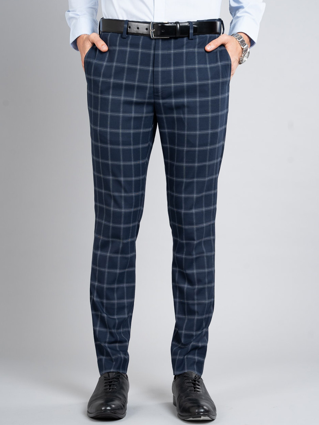 The Pant Project Men Blue Big Checks Slim Fit Wrinkle-Resistant Formal Trousers with Stretchable Waistband