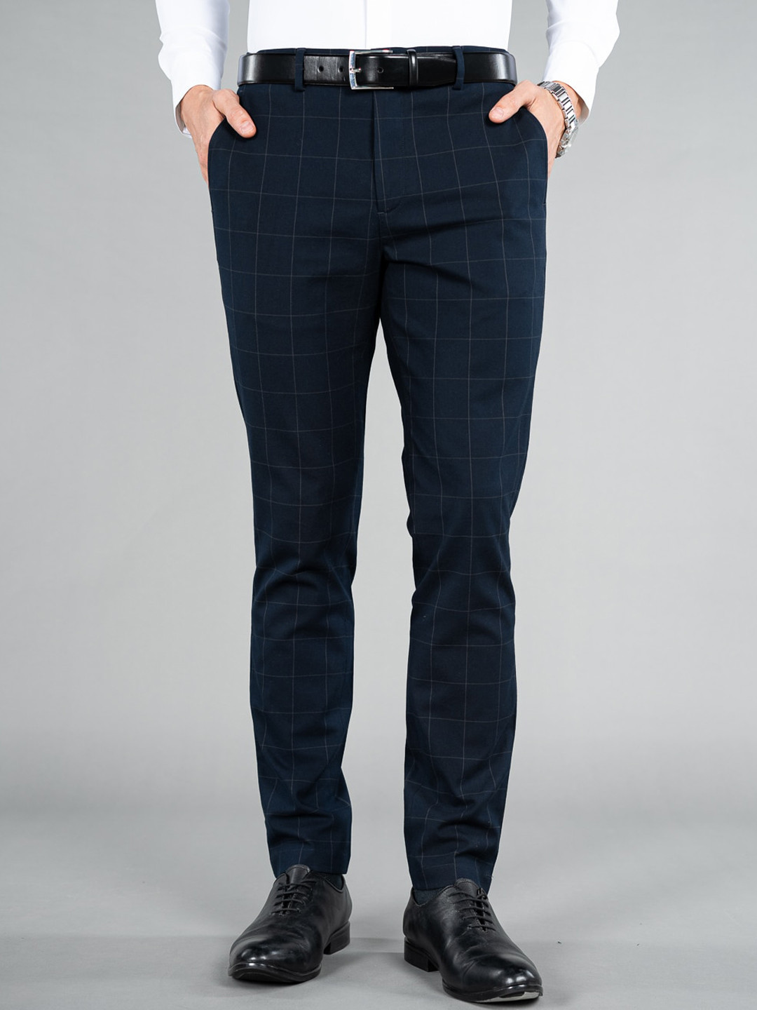 The Pant Project Men Navy Window Checks Slim Fit Wrinkle-Resistant Formal Trousers with Stretchable Waistband