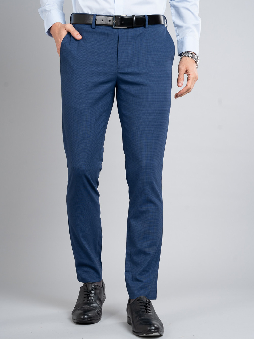 The Pant Project Men Blue Houndstooth Checks Slim Fit Wrinkle-Resistant Formal Trousers with Stretchable Waistband