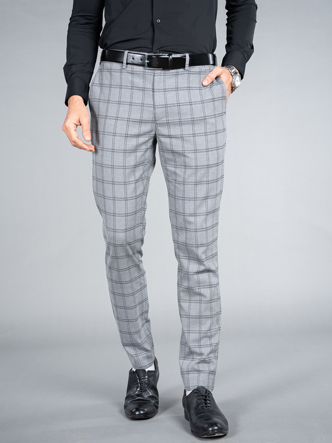 The Pant Project Men Coal Window Checks Slim Fit Wrinkle-Resistant Formal Trousers with Stretchable Waistband