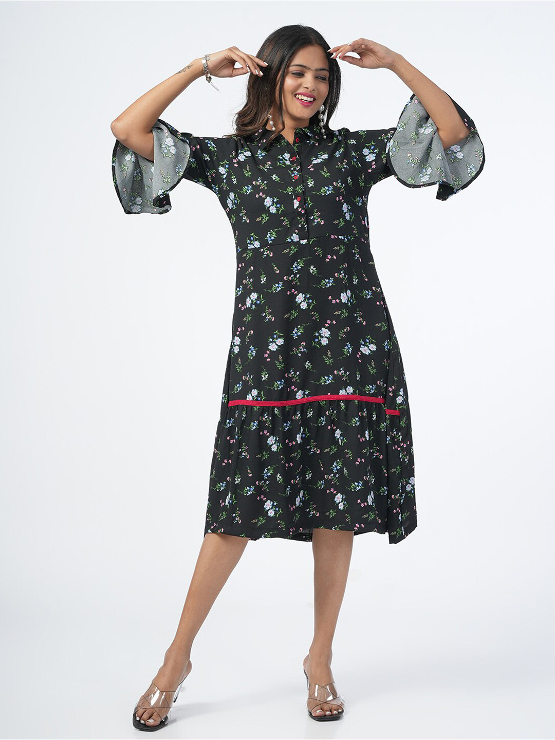 Genius18 Floral Printed Chiffon A-Line Midi Dress