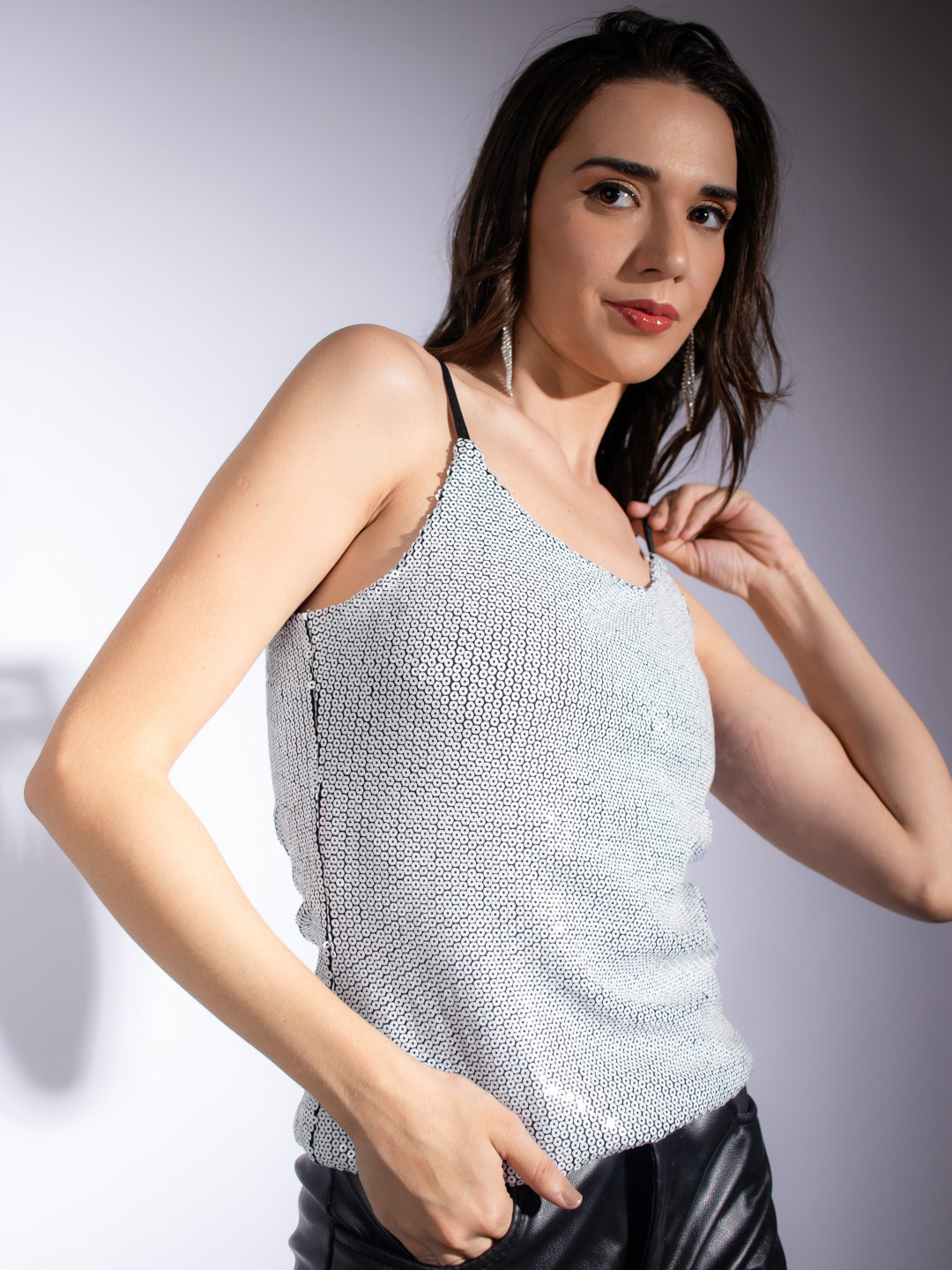 Stylecast X Hersheinbox Silver Embellished Party Tank Top