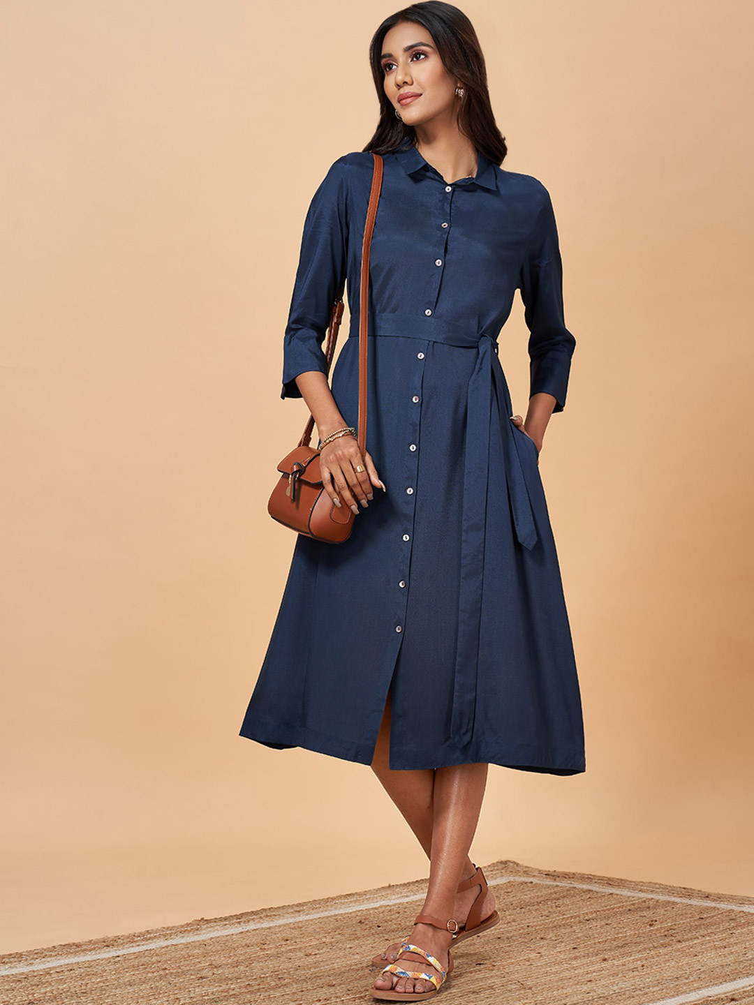 Marigold Lane Shirt Collar Three-Quarter Sleeves Midi Dress