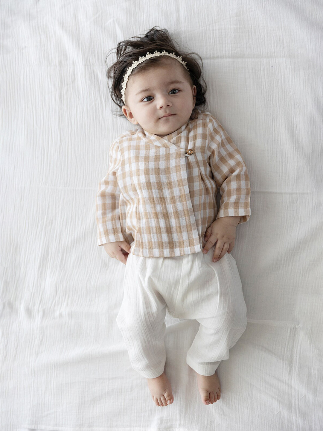 Tiber Taber Infants Checked V Neck Pure Cotton Top with Trousers