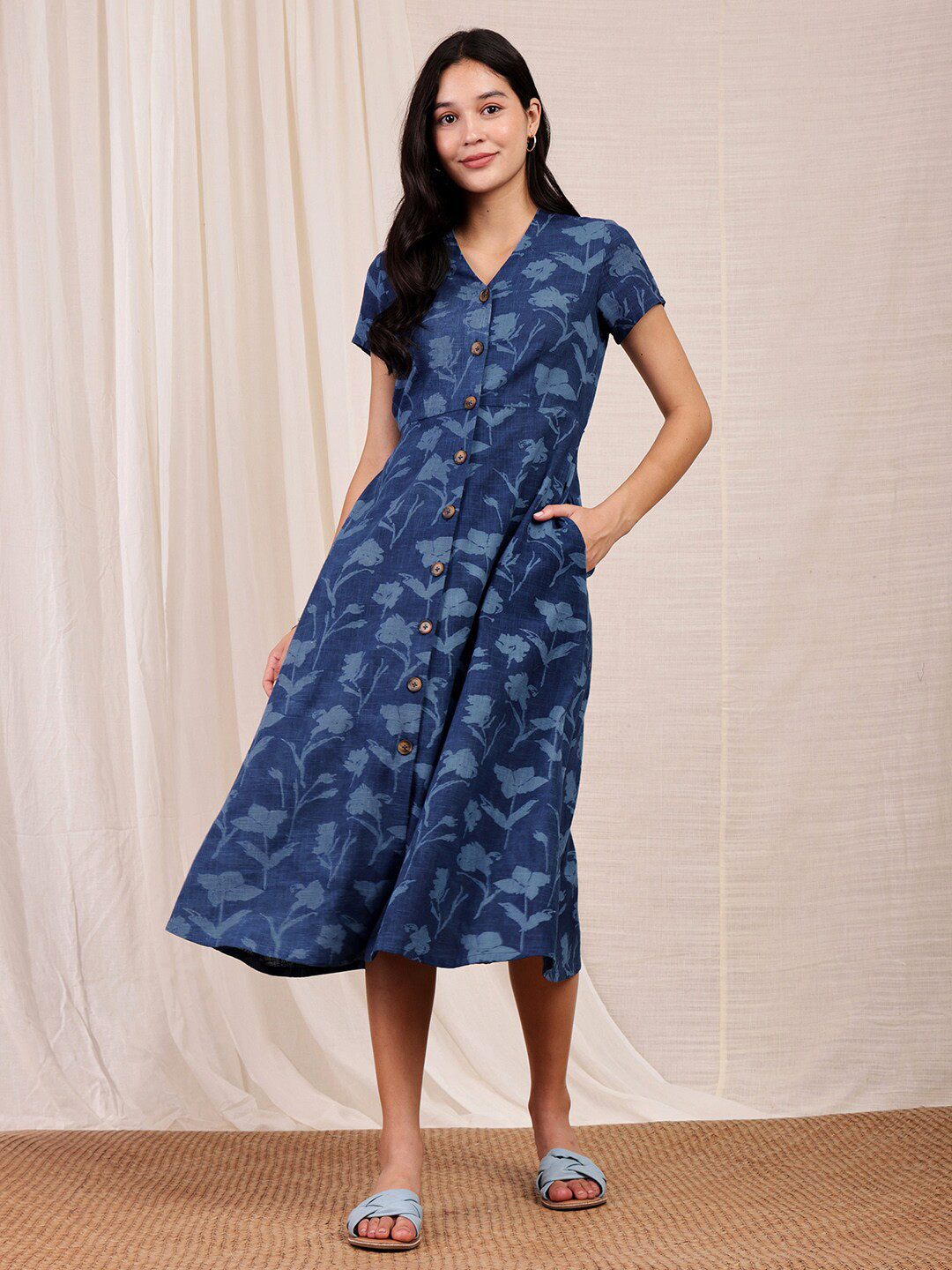 Pink Fort Navy Blue Floral Printed Cotton A-Line Midi Dress
