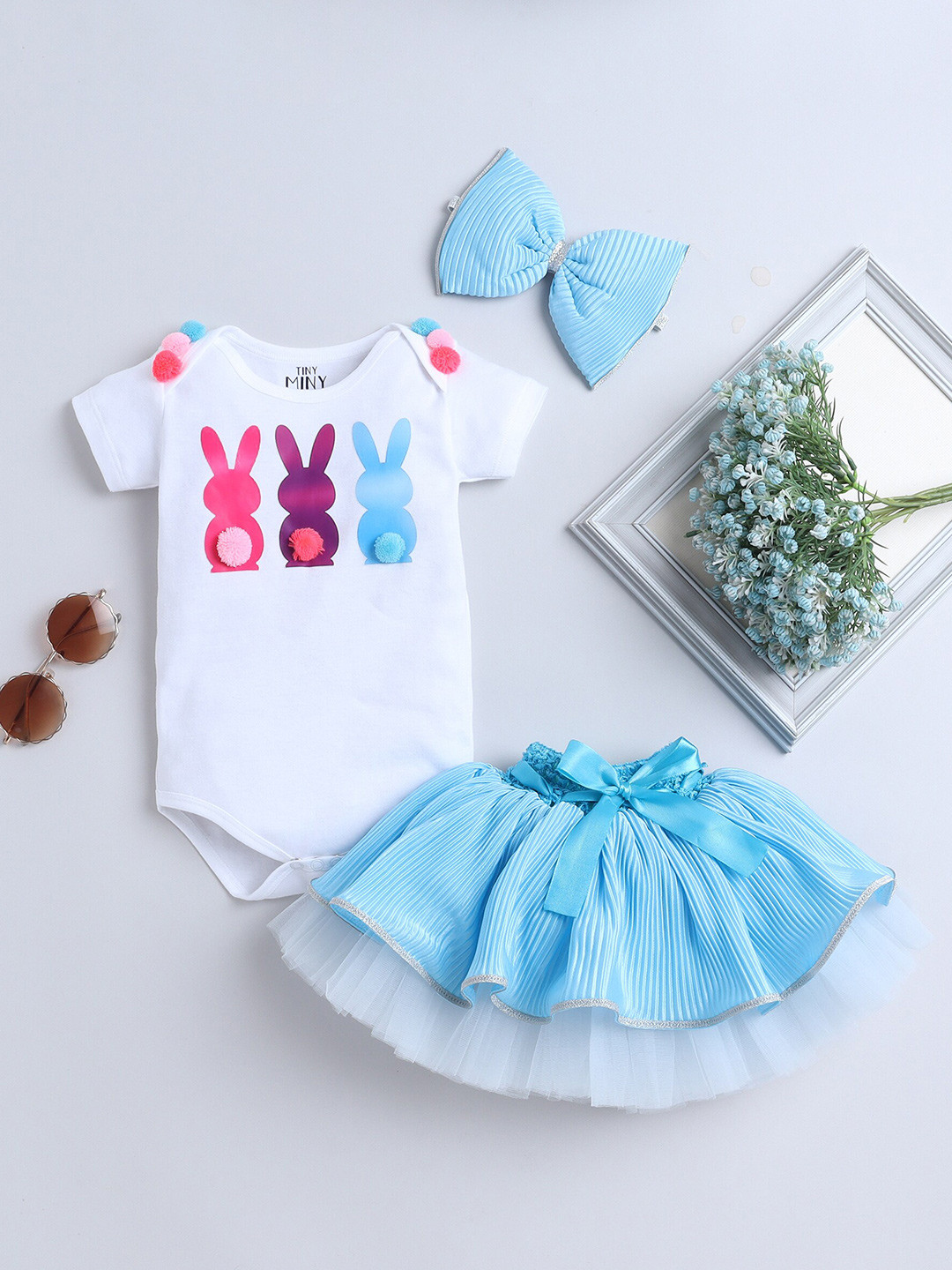 TINY MINY ME Girls Round Neck Self Design Top with Skirt