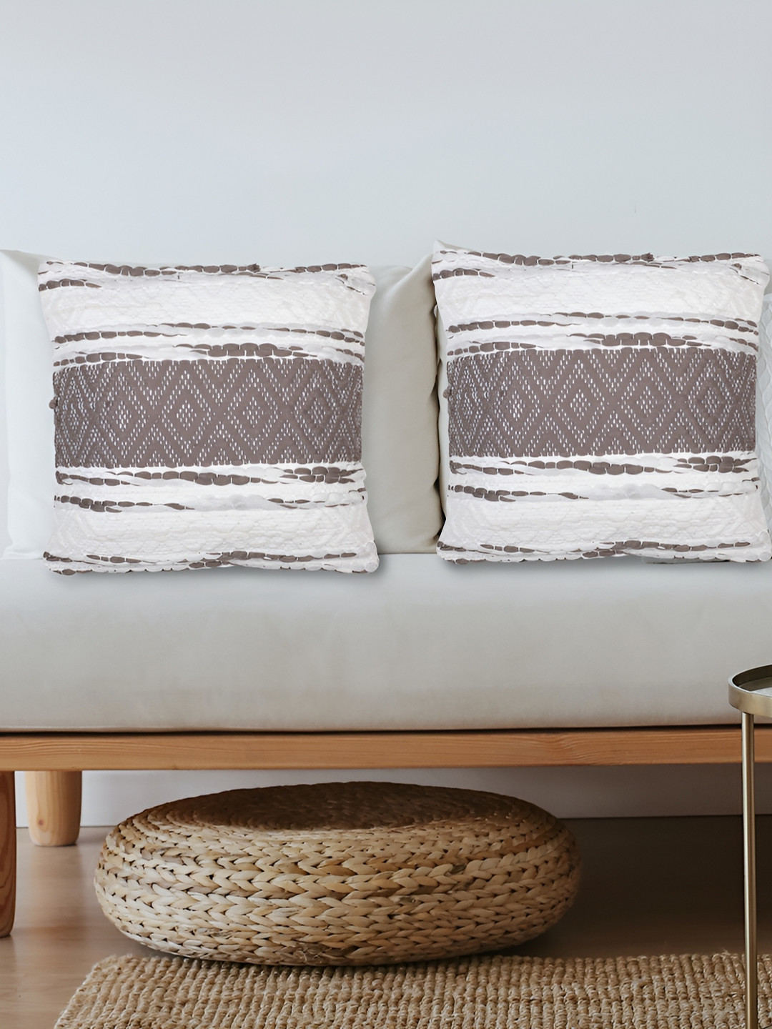 ZESTURE Light-Weight Self Design Cotton 2 Pcs Textured Square Cushion Covers -18x18In
