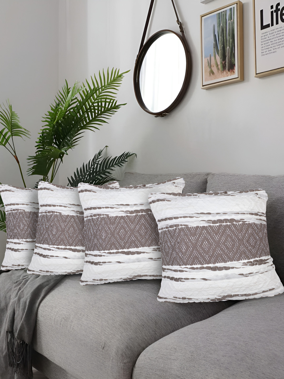 ZESTURE Grey Abstract Cotton 4 Pcs Embroidered Square Cushion Covers -17.7x17.7In
