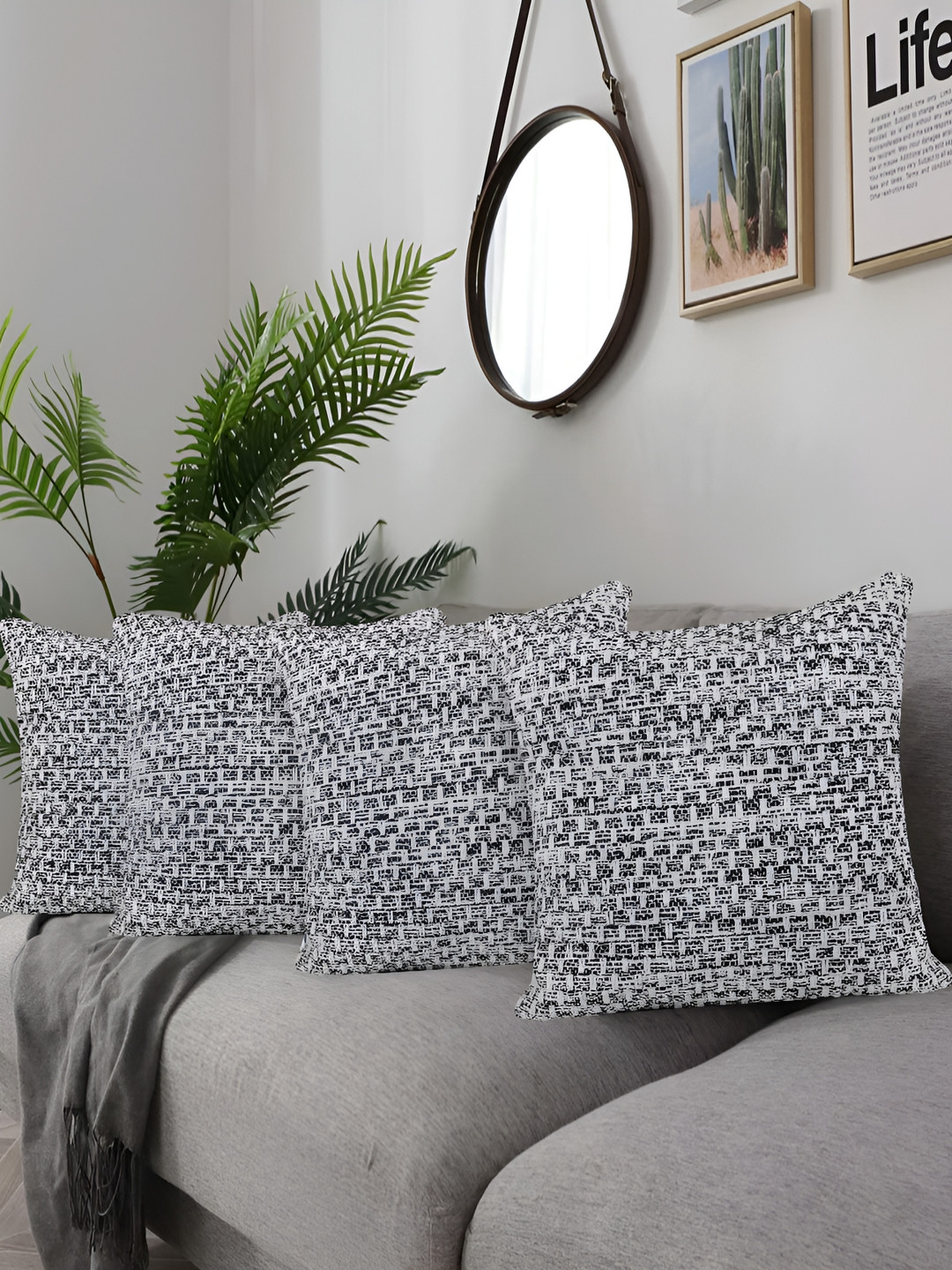 ZESTURE Grey Abstract Cotton Washable 4 Piece Square Cushion Covers -16x16In