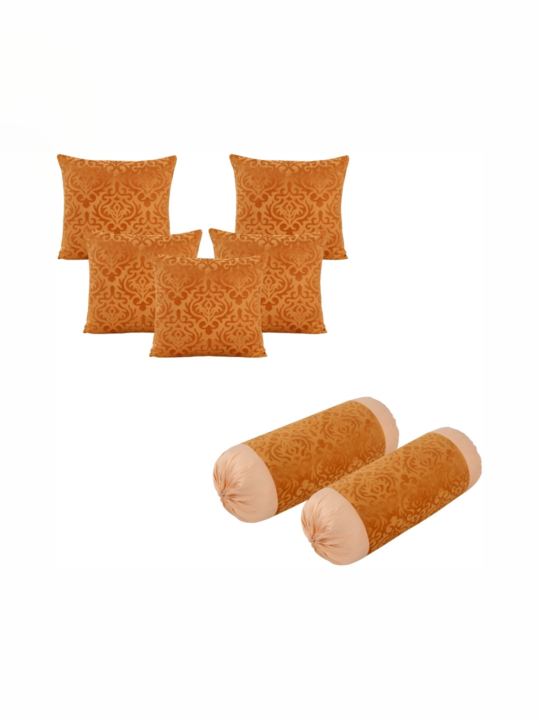 ZESTURE Beige & Gold Toned 7 Pcs Velvet Square Cushion Covers With Bolsters Cover