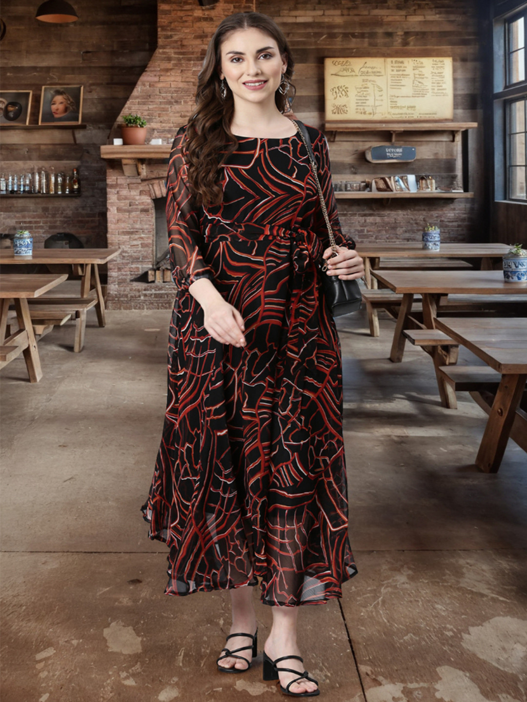 Souchii Abstract Printed Round Neck Fit & Flare Midi Ethnic Dresses