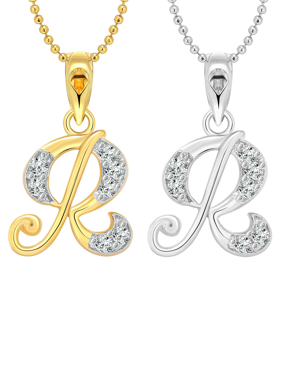 Vighnaharta Set of 2 Gold-Plated & Silver-Plated R Shaped Pendants with Chains