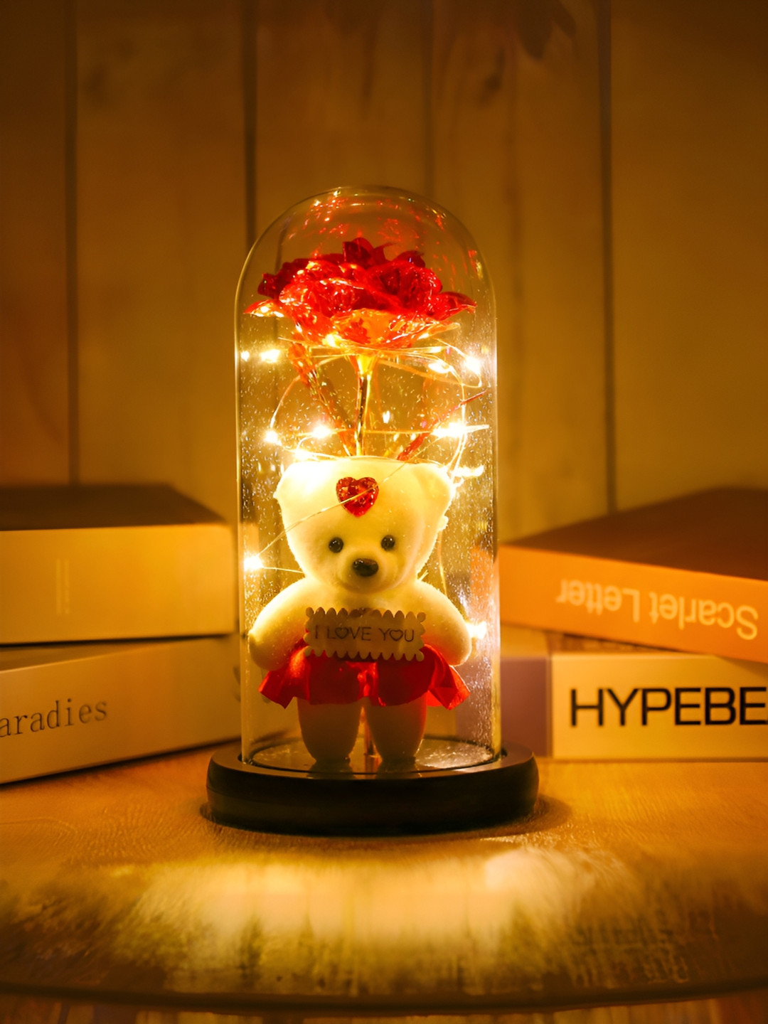 Gleevers Rose with Teddy Bear Red Glass Glossy Living Room Lights Small Showpiece - 8.7 Inches