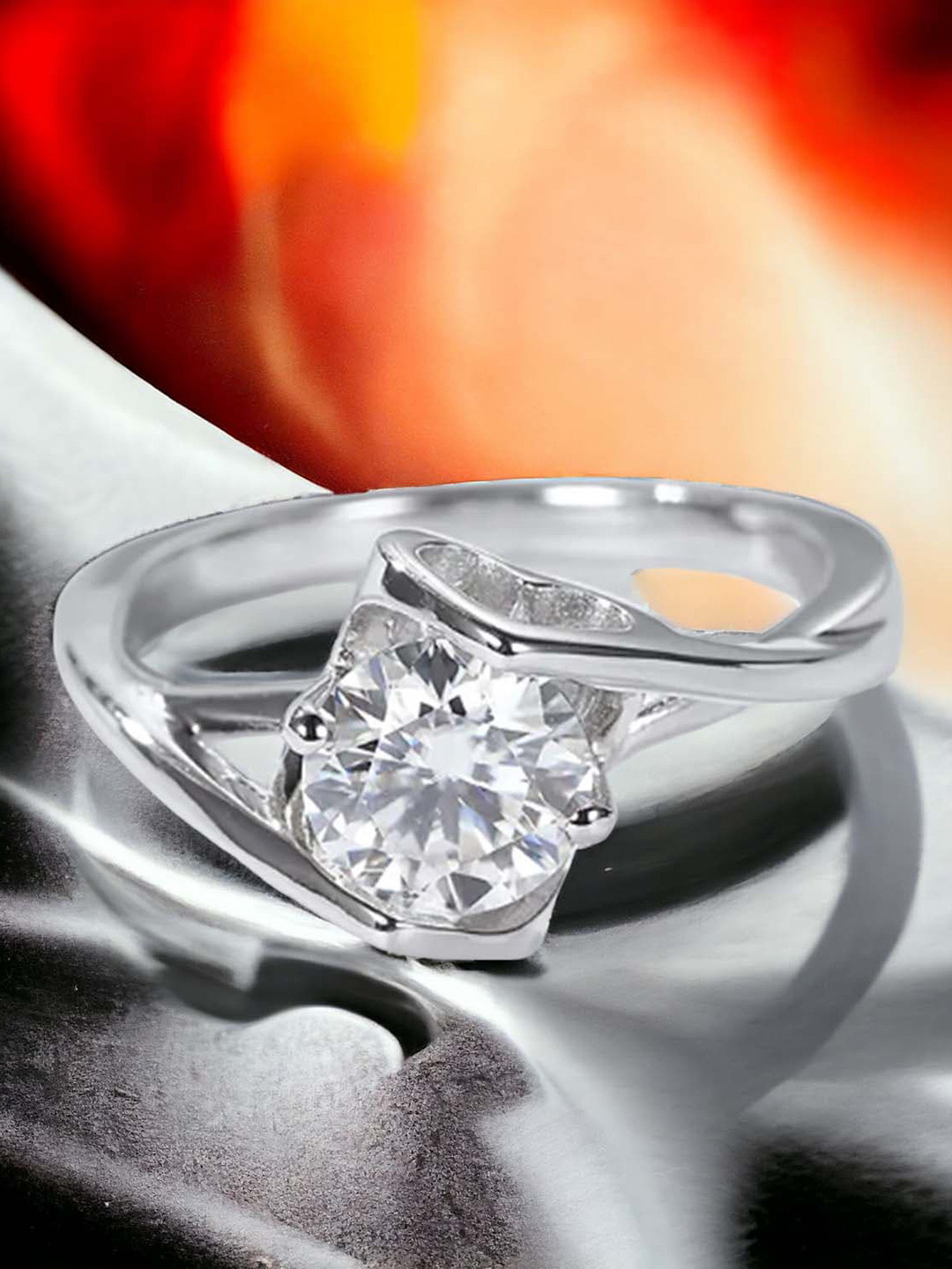 Okos Rhodium-Plated Cubic Zirconia-Studded Adjustable Solitaire Finger Ring