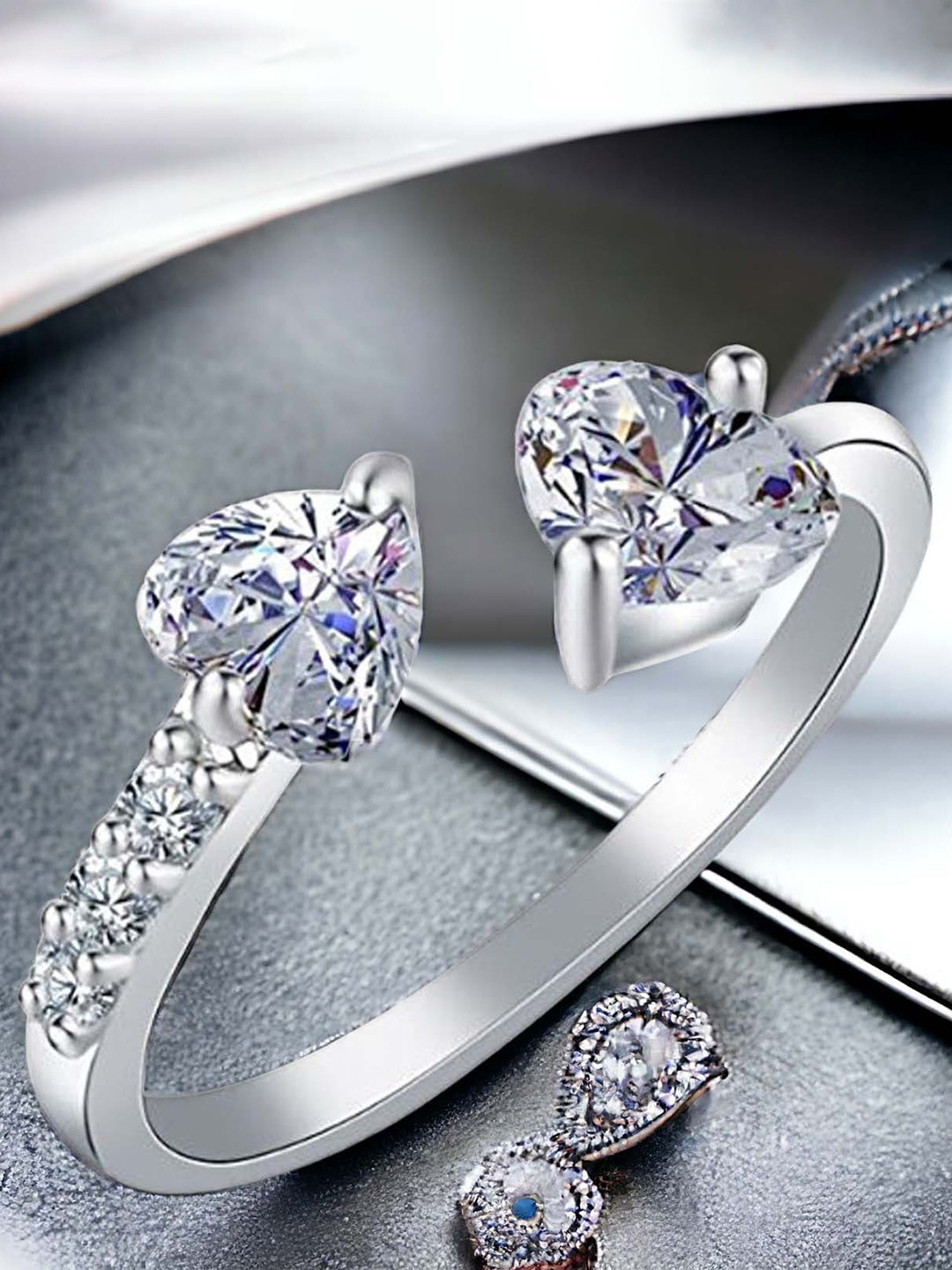 Okos Rhodium-Plated Cubic Zirconia-Studded Double Heart Band Adjustable Finger Ring