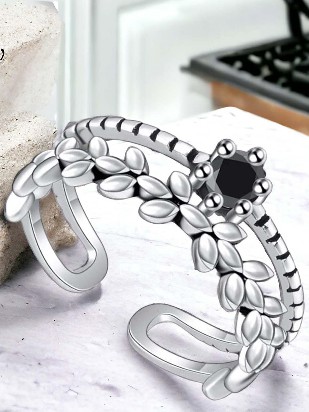 Okos Rhodium-Plated Cubic Zirconia Studded Adjustable Finger Ring