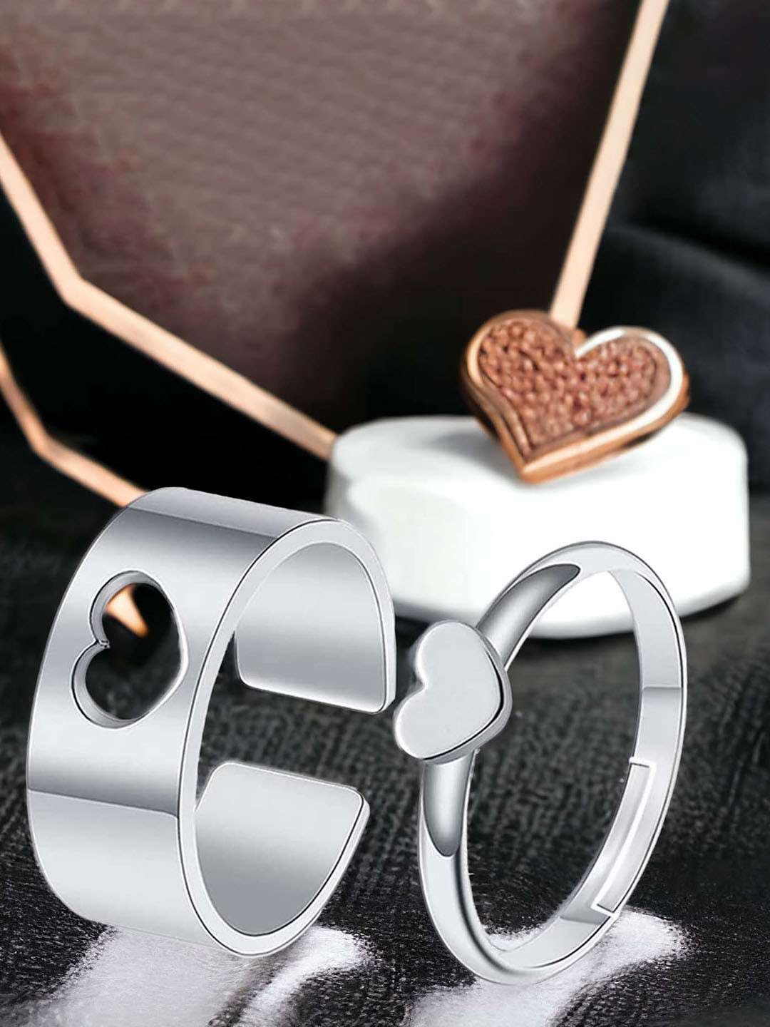 Okos Set Of 2 Rhodium-Plated Heart-Shaped Adjustable Couple Finger Rings