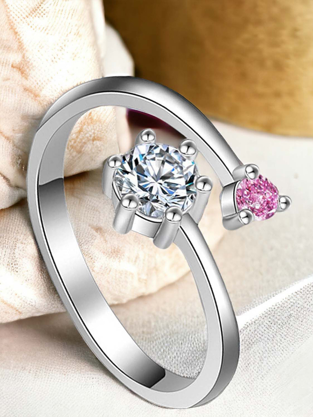 Okos Rhodium-Plated Cubic Zirconia-Studded Adjustable Finger Ring