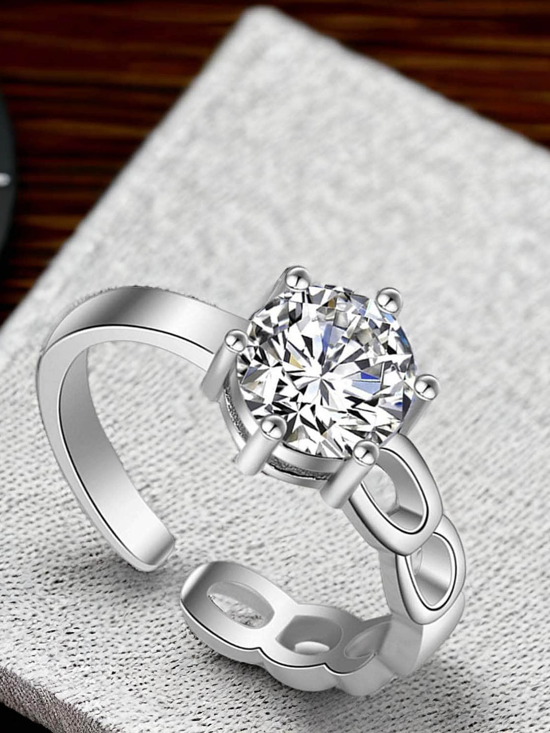 Okos Rhodium-Plated Cubic Zirconia-Studded Adjustable Finger Ring