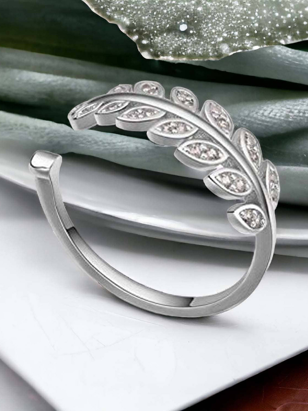 Okos Rhodium-Plated Cubic Zirconia-Studded Leaf Shaped Adjustable Finger Ring