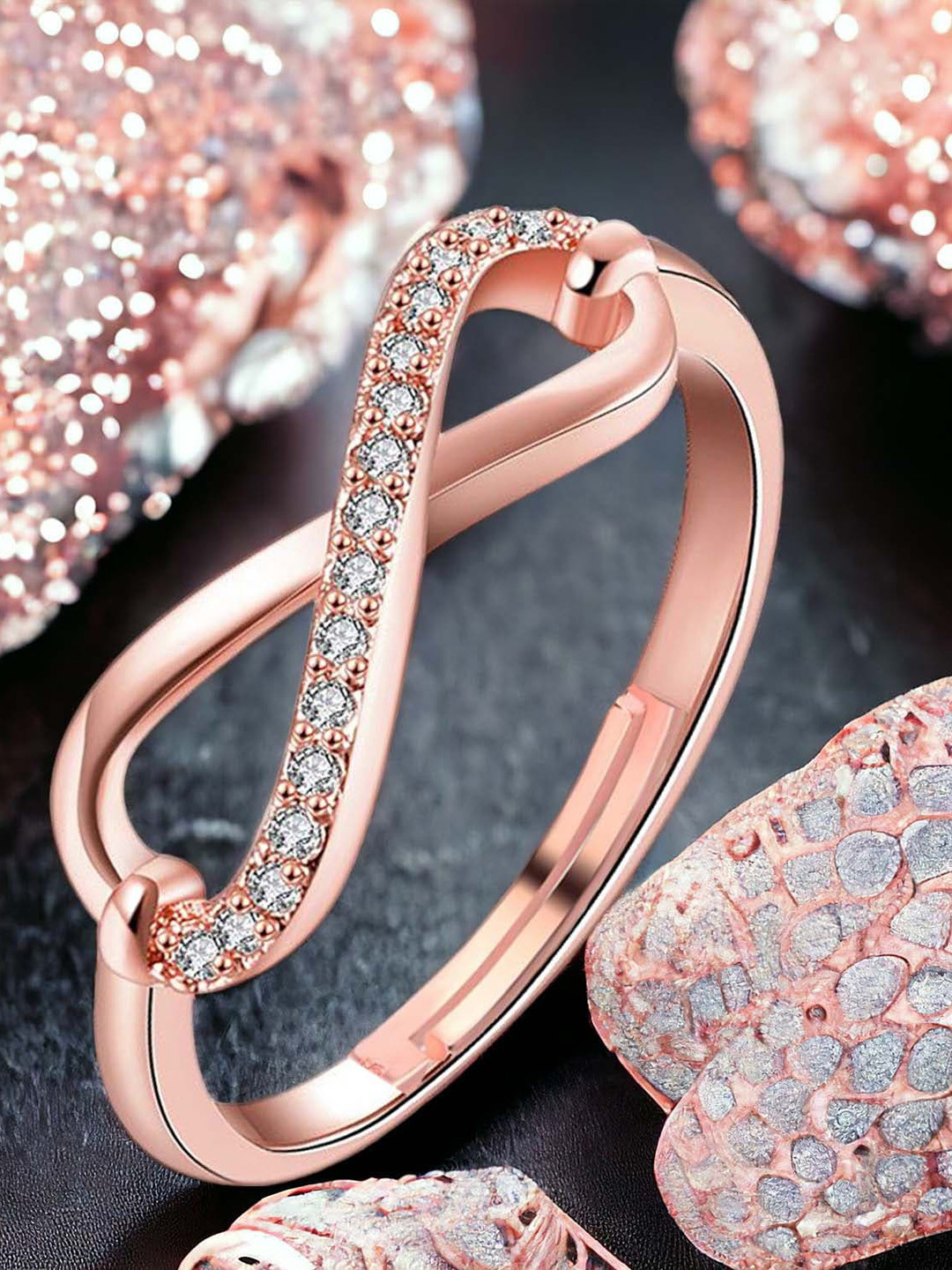Okos Rose Gold-Plated Cubic Zirconia-Studded Infinity Love Adjustable Finger Ring