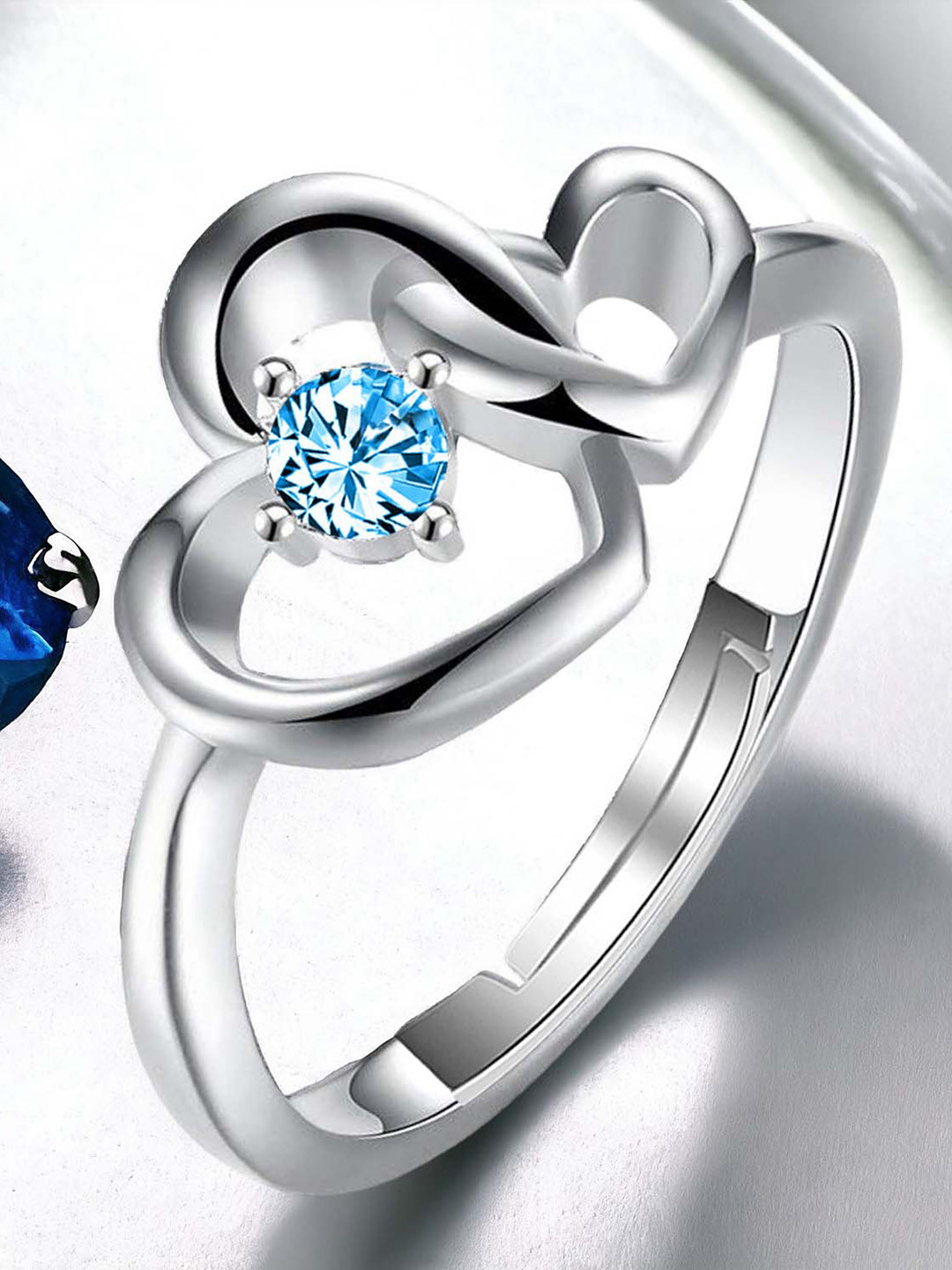 Okos Rhodium-Plated Cubic Zirconia-Studded Heart-In-Heart Adjustable Finger Ring