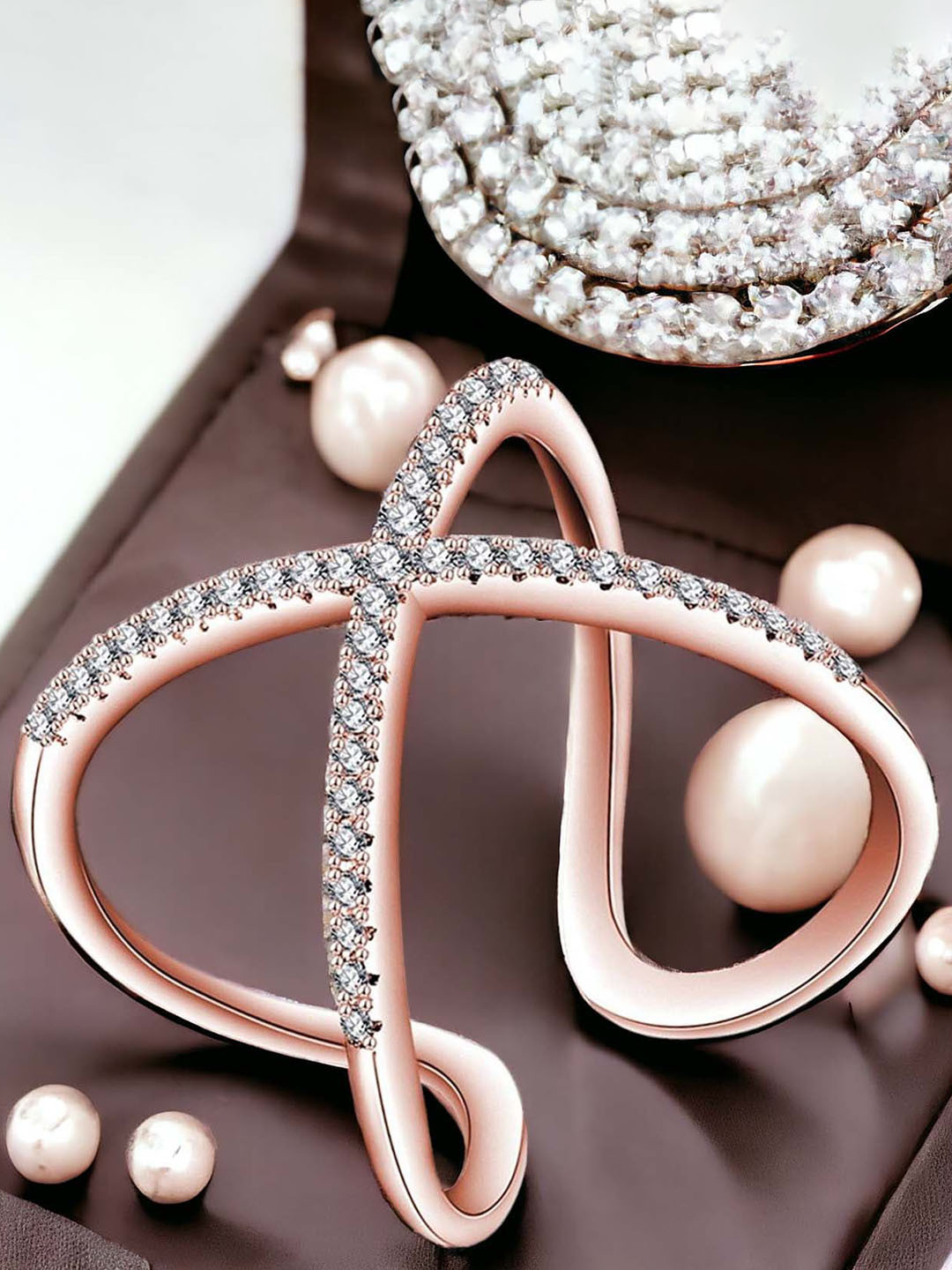 Okos Rose Gold-Plated Cubic Zirconia -Studded Cross Band Adjustable Finger Ring