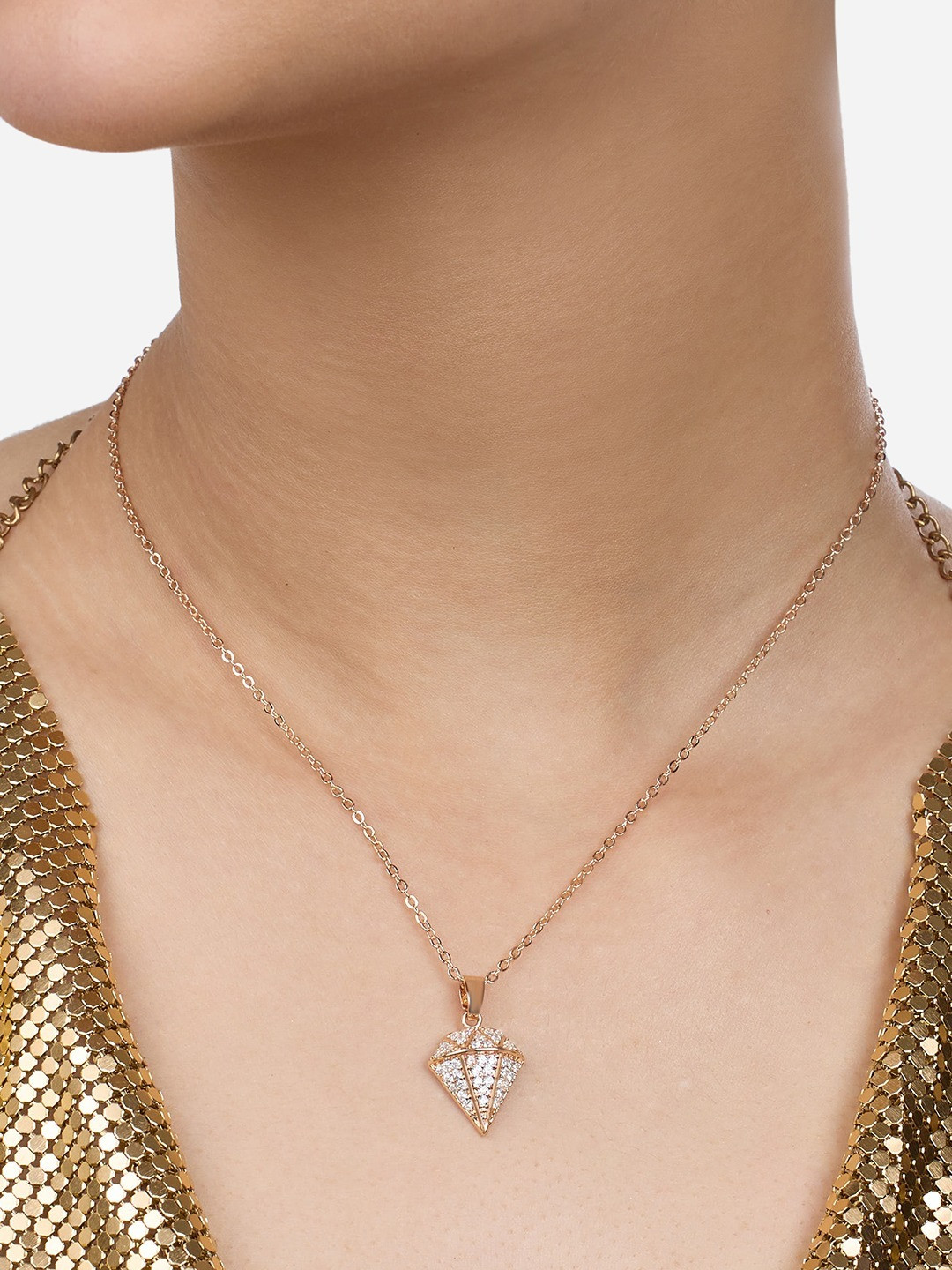 Zaveri Pearls Rose Gold-Plated Cubic Zirconia Studded Diamond Shape Pendant with Chain