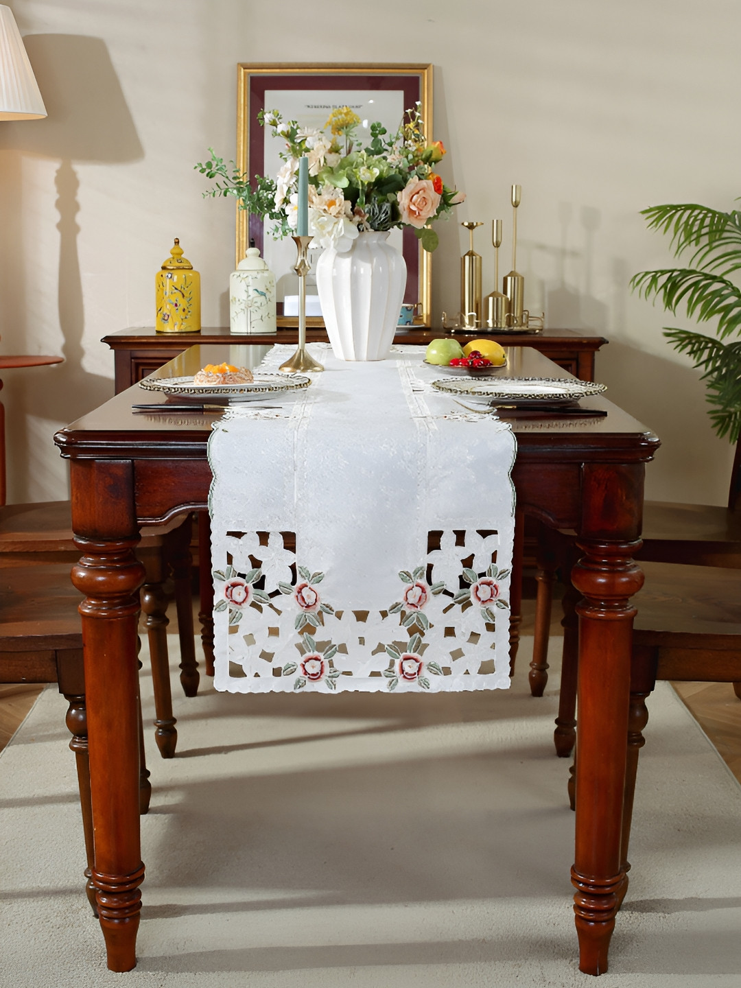 MONKDECOR White & Maroon Embroidered Satin Table Runner