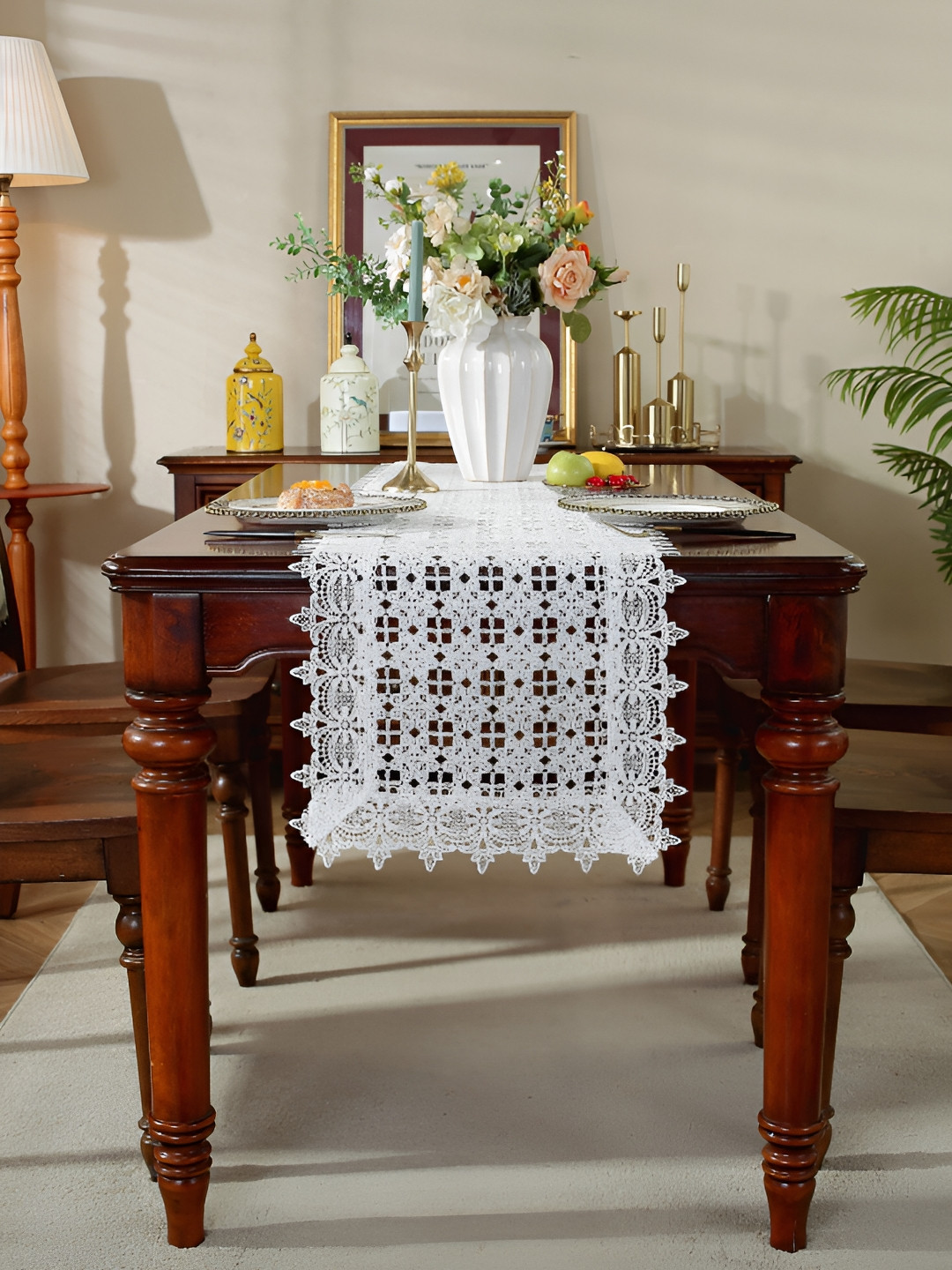 MONKDECOR White Embroidered Satin Table Runner