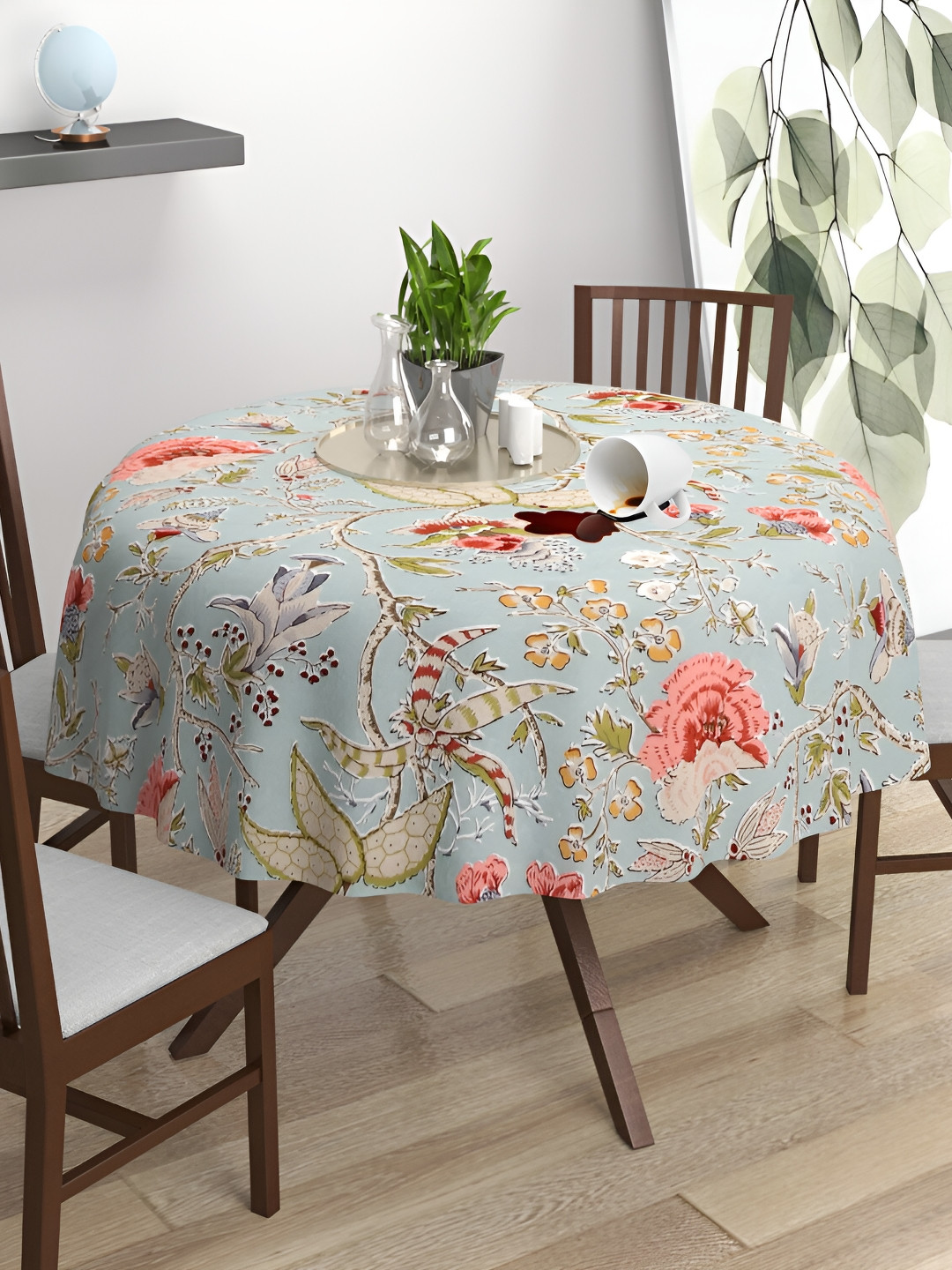Trance Home Linen Green Floral Waterproof Cotton Round 4-Seater Table Cover