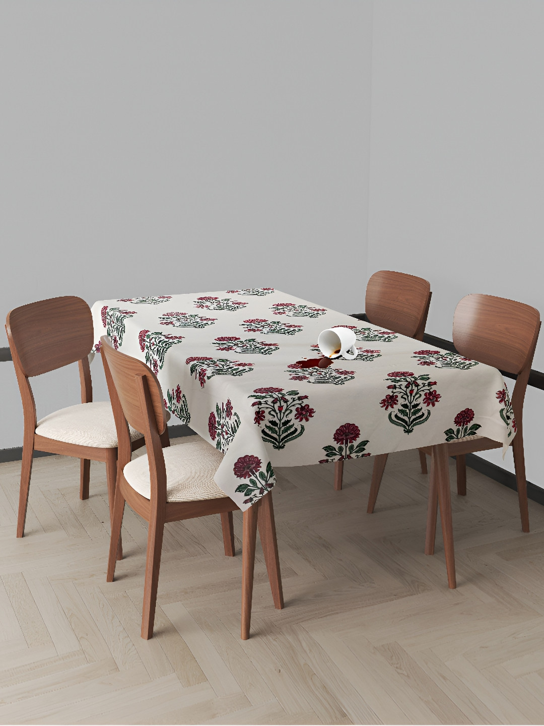 Trance Home Linen Red Floral Printed Waterproof Cotton 4-Seater Table Cover