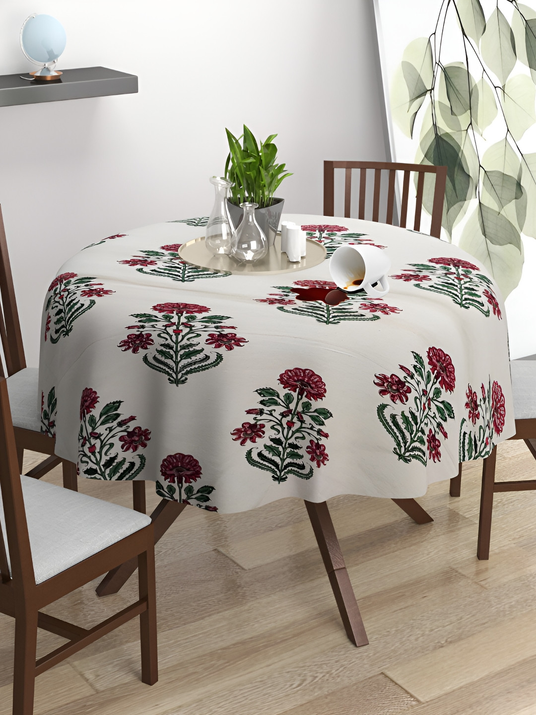 Trance Home Linen Red Floral Waterproof Cotton Round 4-Seater Table Cover